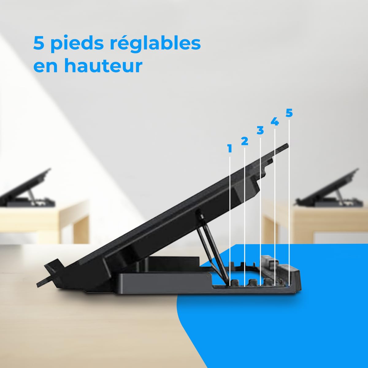 NK Base de Refroidissement Portable – Ventilateur Ordinateur Portable de 12 à 17" avec Support réglable 5 hauteurs, 2 Ventilateurs Silencieux, 2 Ports USB, Refroidissement Rapide, lumière LED Bleue