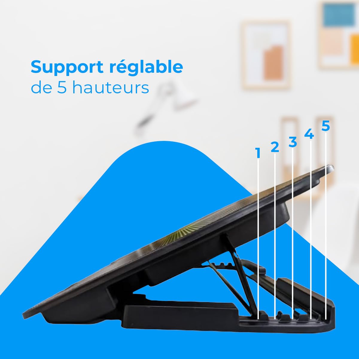 NK Base de Refroidissement Portable – Ventilateur Ordinateur Portable de 12 à 17" avec Support réglable 5 hauteurs, 2 Ventilateurs Silencieux, 2 Ports USB, Refroidissement Rapide, lumière LED Bleue