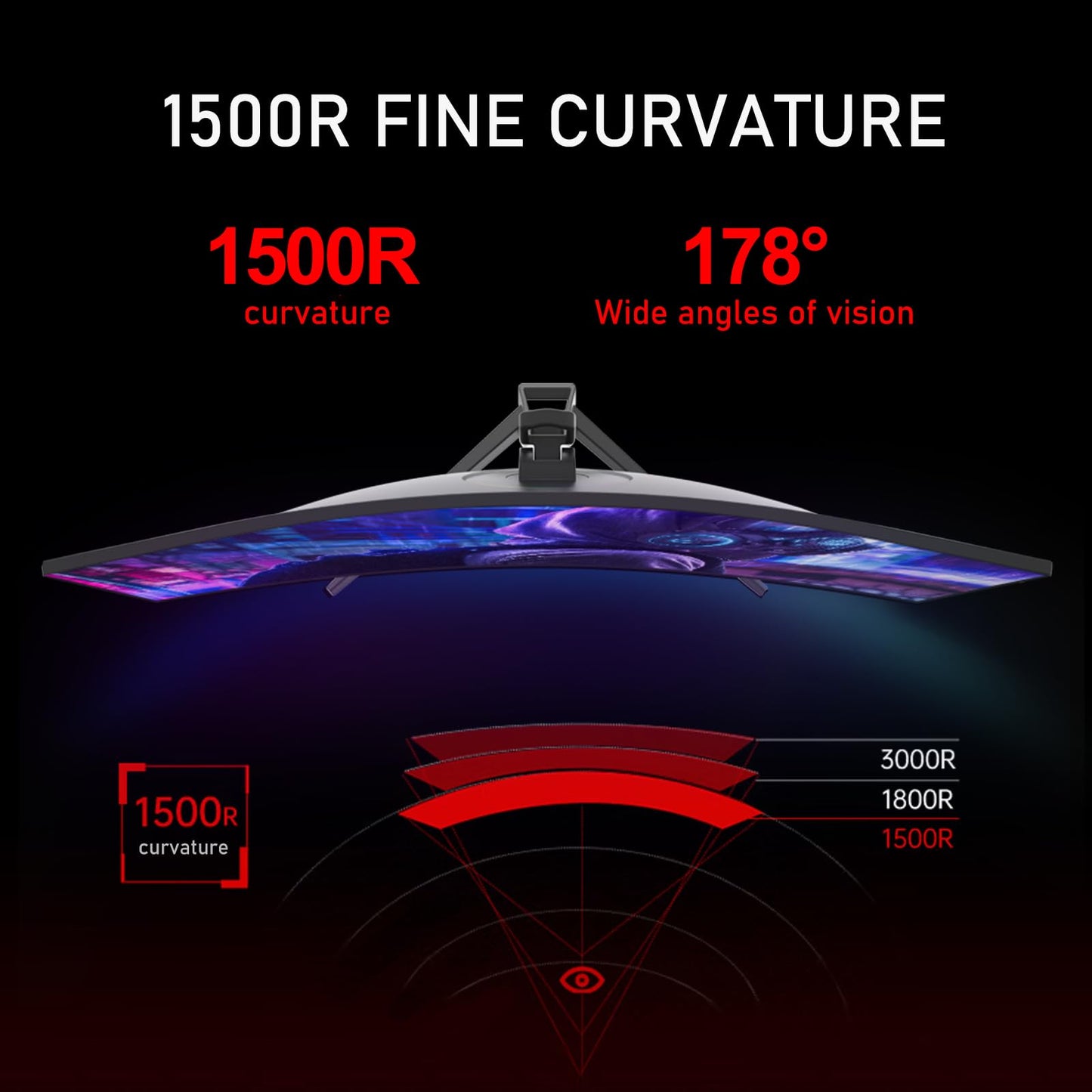 Gawfolk Curved Monitor 32 Pouces 75Hz, 1500R Gaming PC Screen QHD (2560 x 1440p), écran d'ordinateur sans Cadre avec FreeSync et Eye Care Technologie, supporte VESA