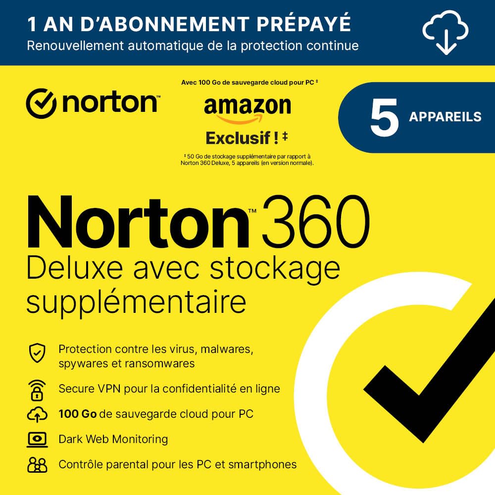 Norton 360 Deluxe 2025 |5 appareils | 12 mois |Téléchargement