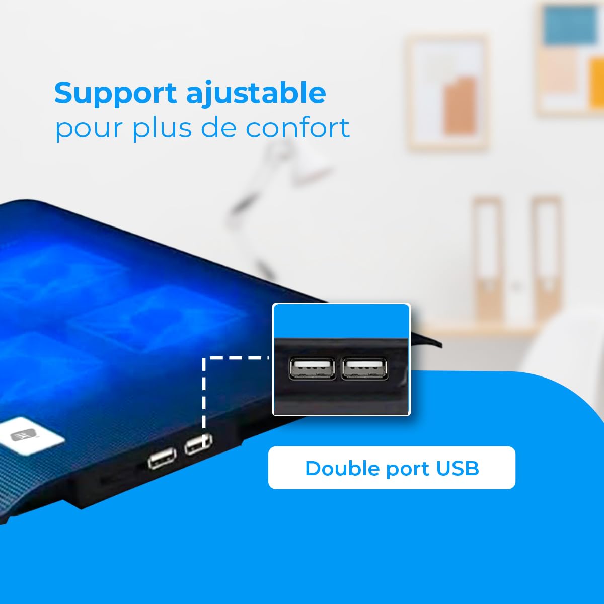 NK Base de Refroidissement Portable – Ventilateur Ordinateur Portable de 12 à 17" avec Support réglable 5 hauteurs, 2 Ventilateurs Silencieux, 2 Ports USB, Refroidissement Rapide, lumière LED Bleue