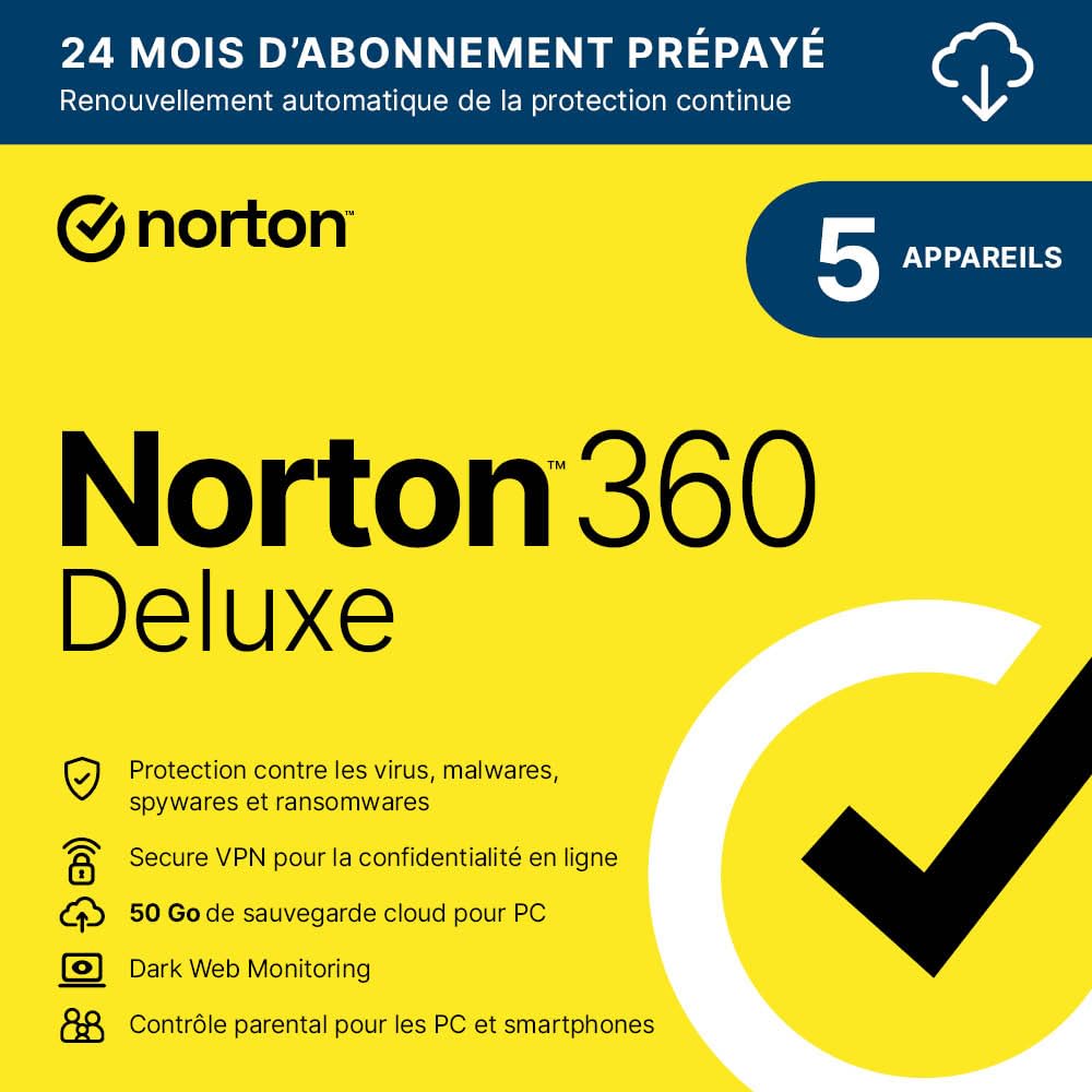 Norton 360 Deluxe 2025 |5 appareils | 12 mois |Téléchargement