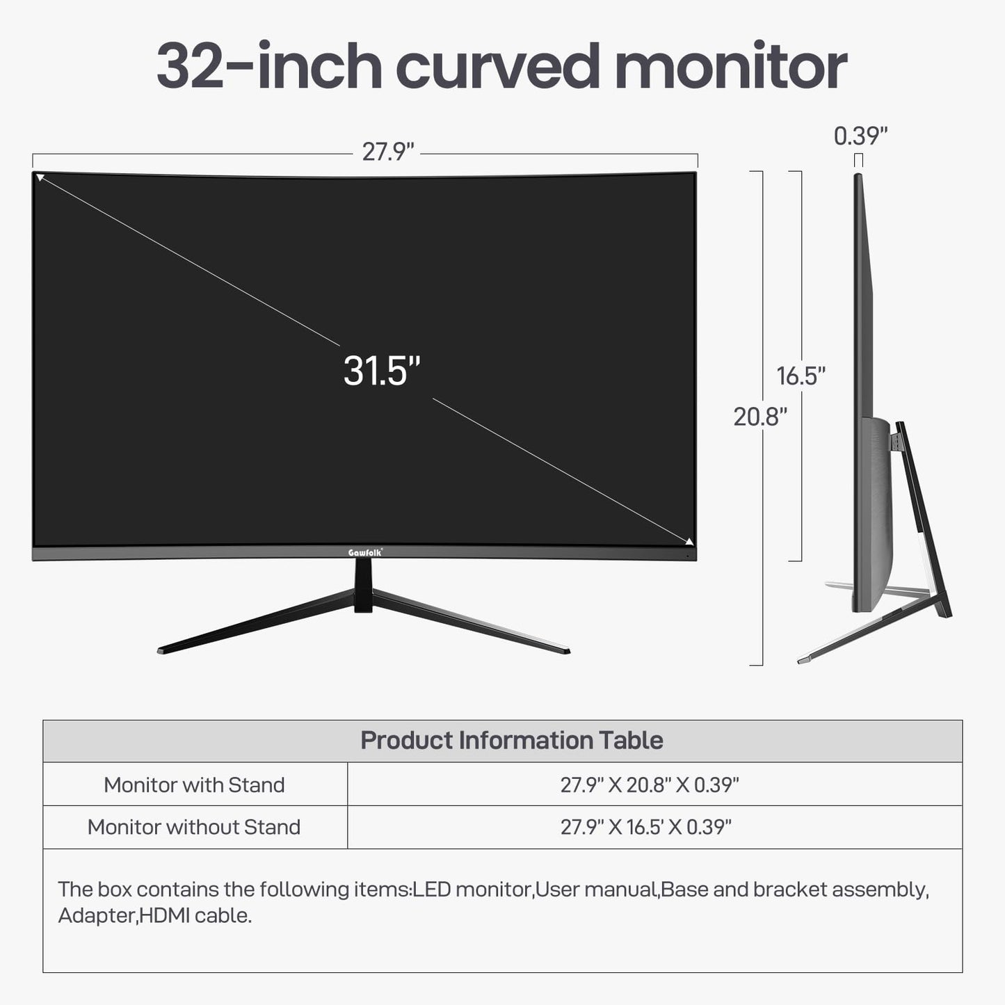 Gawfolk Curved Monitor 32 Pouces 75Hz, 1500R Gaming PC Screen QHD (2560 x 1440p), écran d'ordinateur sans Cadre avec FreeSync et Eye Care Technologie, supporte VESA