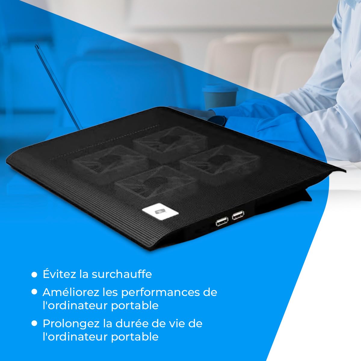 NK Base de Refroidissement Portable – Ventilateur Ordinateur Portable de 12 à 17" avec Support réglable 5 hauteurs, 2 Ventilateurs Silencieux, 2 Ports USB, Refroidissement Rapide, lumière LED Bleue