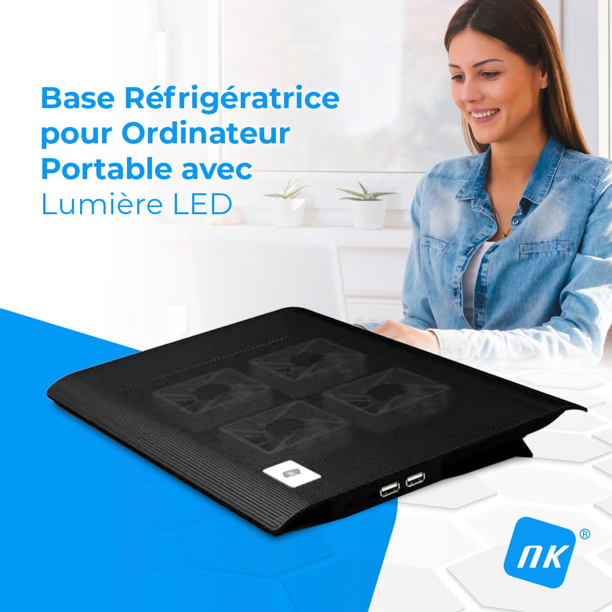 NK Base de Refroidissement Portable – Ventilateur Ordinateur Portable de 12 à 17" avec Support réglable 5 hauteurs, 2 Ventilateurs Silencieux, 2 Ports USB, Refroidissement Rapide, lumière LED Bleue