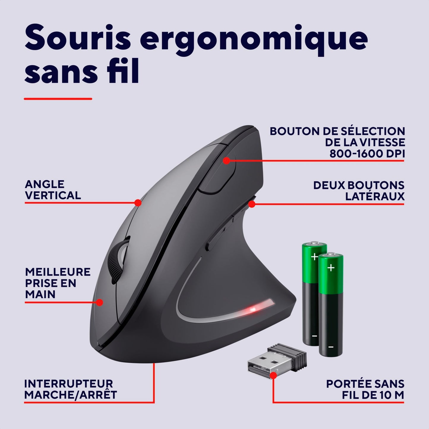 Ratón Inalámbrico, Ratón Vertical Ergonómico, 6 Botones, LED