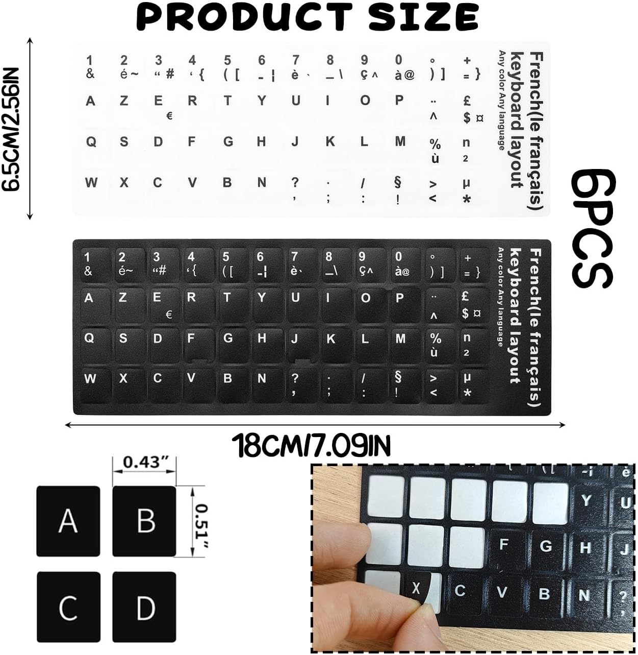 6 pegatinas de PVC para teclado francés Azerty (3 negras y 3 blancas)