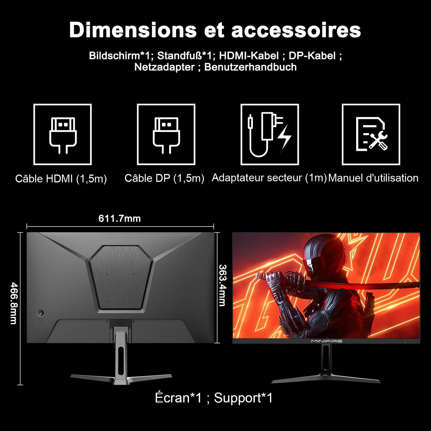Minifire Écran PC Gaming 22 Pouces FHD (1920 x 1080), IPS, 75Hz, VGA et HDMI