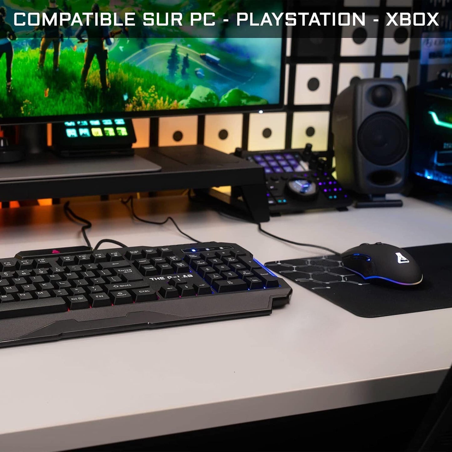 The G-Lab - Helium Combo - Set Gaming 4 en 1 - Teclado Gamer Retroiluminado Azerty, Ratón Gamer 3200 Dpi, Alfombrilla Antideslizante - 6 Teclas Anti-Ghosting - Pack Pc Ps4 Xbox One