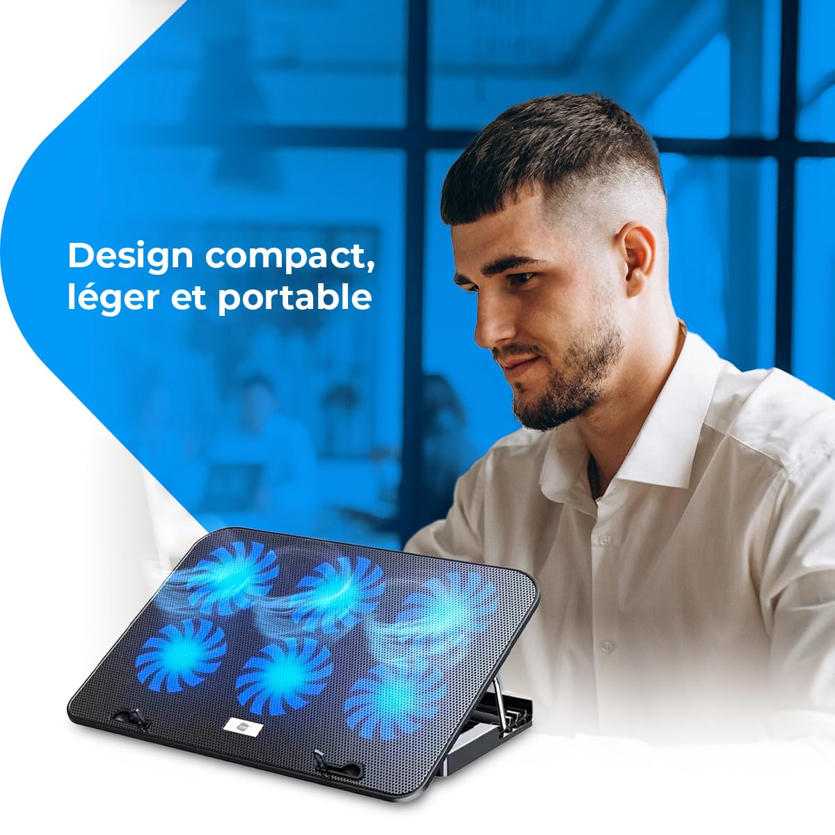 NK Base de Refroidissement Portable – Ventilateur Ordinateur Portable de 12 à 17" avec Support réglable 5 hauteurs, 2 Ventilateurs Silencieux, 2 Ports USB, Refroidissement Rapide, lumière LED Bleue