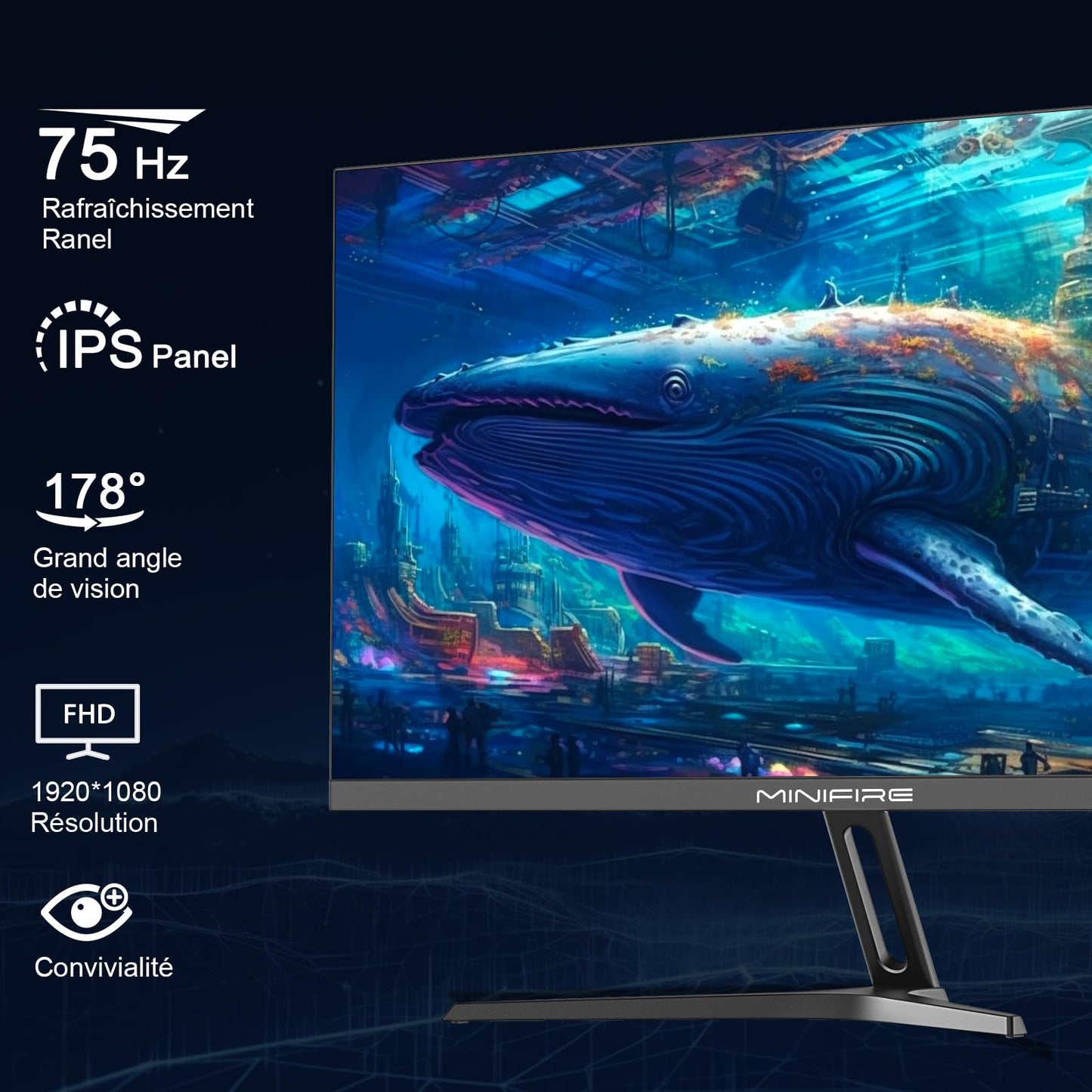Minifire Écran PC Gaming 22 Pouces FHD (1920 x 1080), IPS, 75Hz, VGA et HDMI