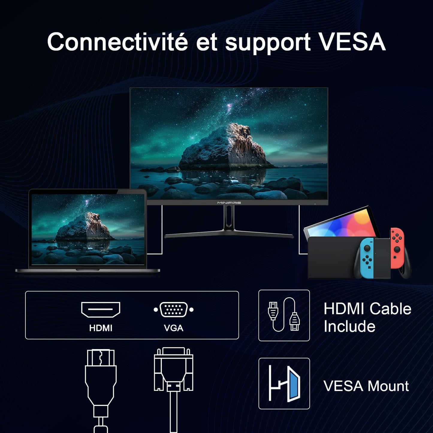 Minifire Écran PC Gaming 22 Pouces FHD (1920 x 1080), IPS, 75Hz, VGA et HDMI