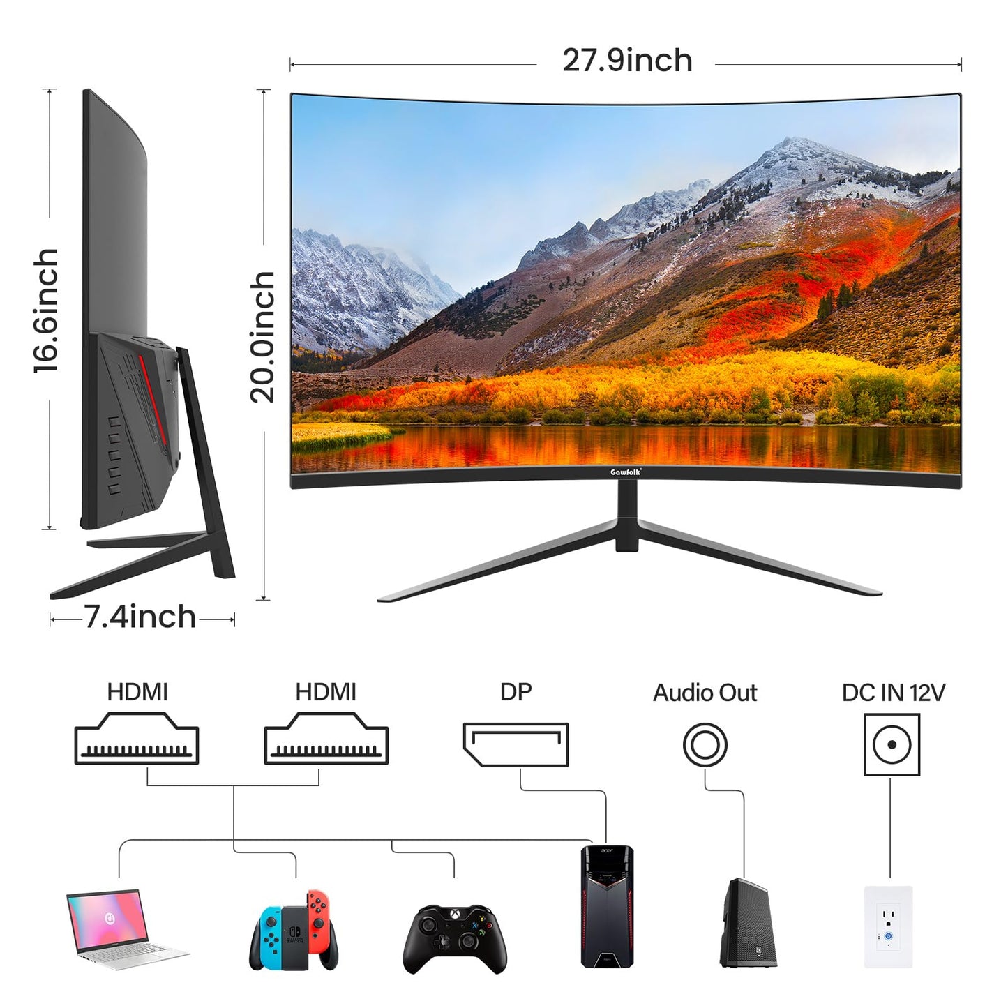 Gawfolk Curved Monitor 32 Pouces 75Hz, 1500R Gaming PC Screen QHD (2560 x 1440p), écran d'ordinateur sans Cadre avec FreeSync et Eye Care Technologie, supporte VESA