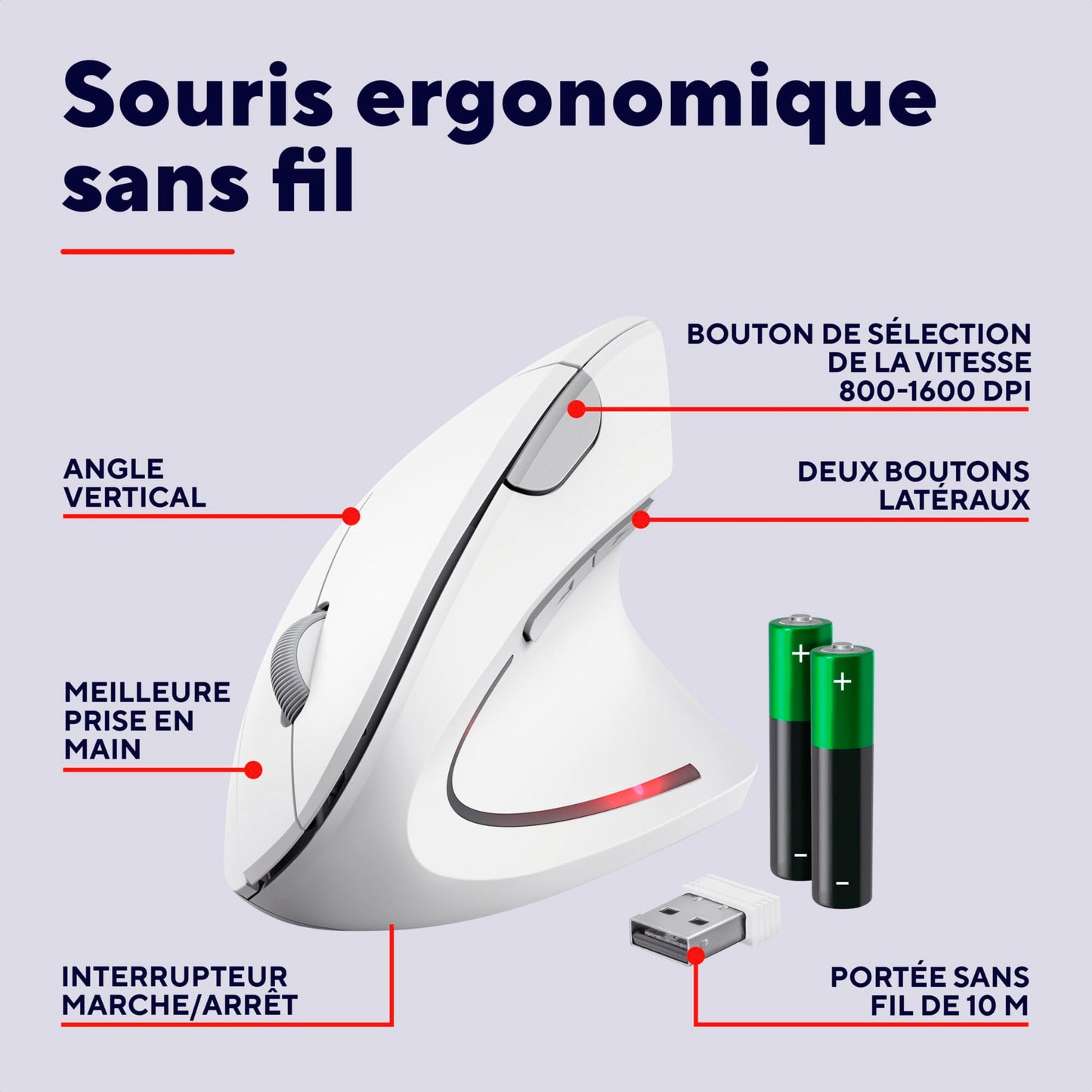 Ratón Inalámbrico, Ratón Vertical Ergonómico, 6 Botones, LED