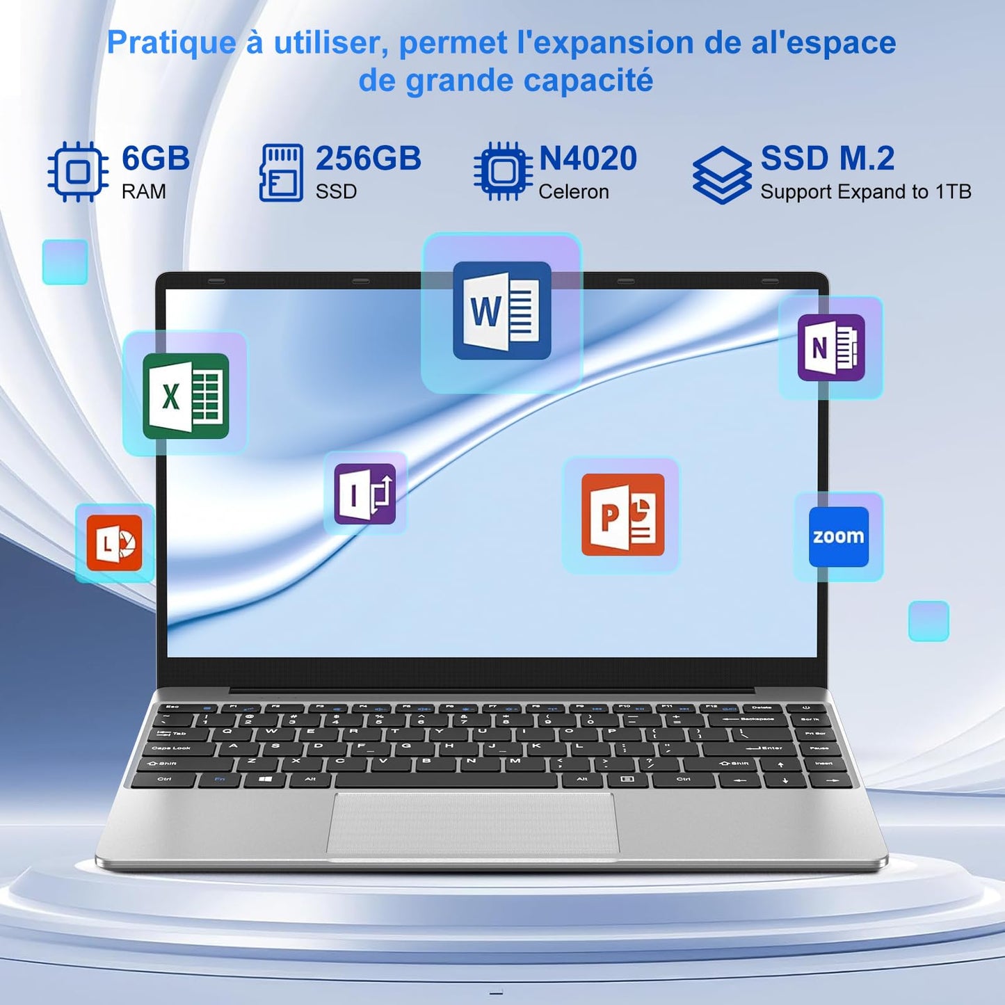 NOTODD Laptop,6GB RAM+256GB SSD Support 1TB Expansion Celeron N4020 Win11 Notebook PC 14 Inch 2.4+5G WiFi Mini HDMI USB BT4.2 Wireless Mouse & AZERTY Membrane-Silver