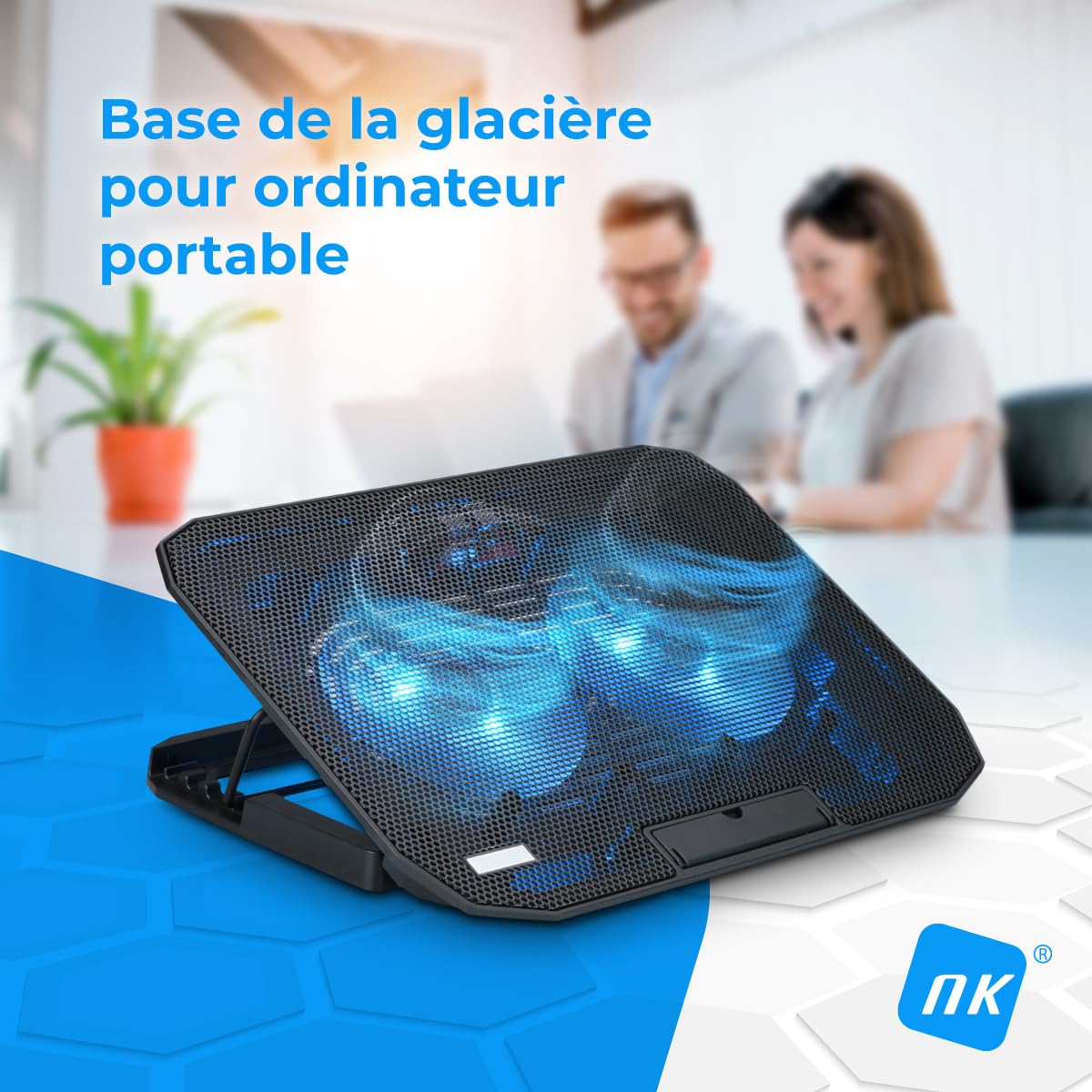 NK Base de Refroidissement Portable – Ventilateur Ordinateur Portable de 12 à 17" avec Support réglable 5 hauteurs, 2 Ventilateurs Silencieux, 2 Ports USB, Refroidissement Rapide, lumière LED Bleue