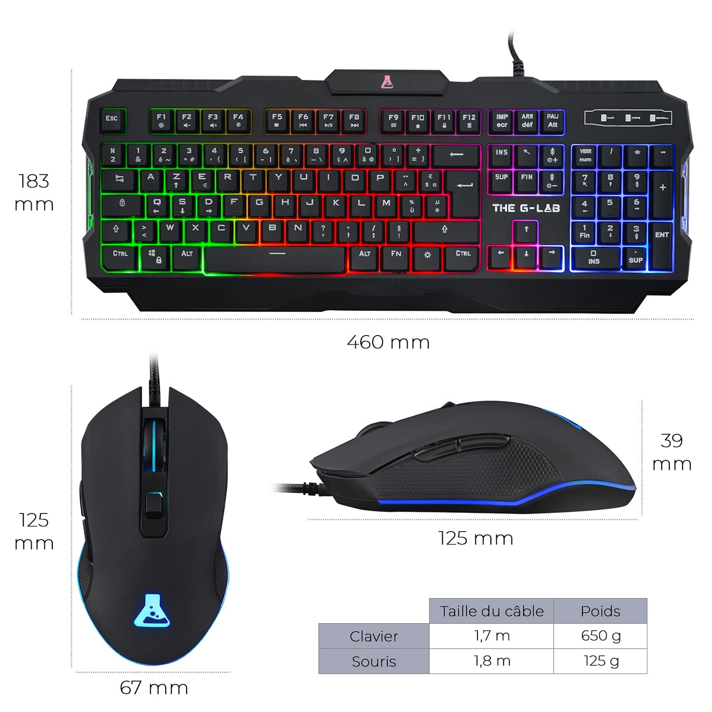 The G-Lab - Helium Combo - Set Gaming 4 en 1 - Teclado Gamer Retroiluminado Azerty, Ratón Gamer 3200 Dpi, Alfombrilla Antideslizante - 6 Teclas Anti-Ghosting - Pack Pc Ps4 Xbox One