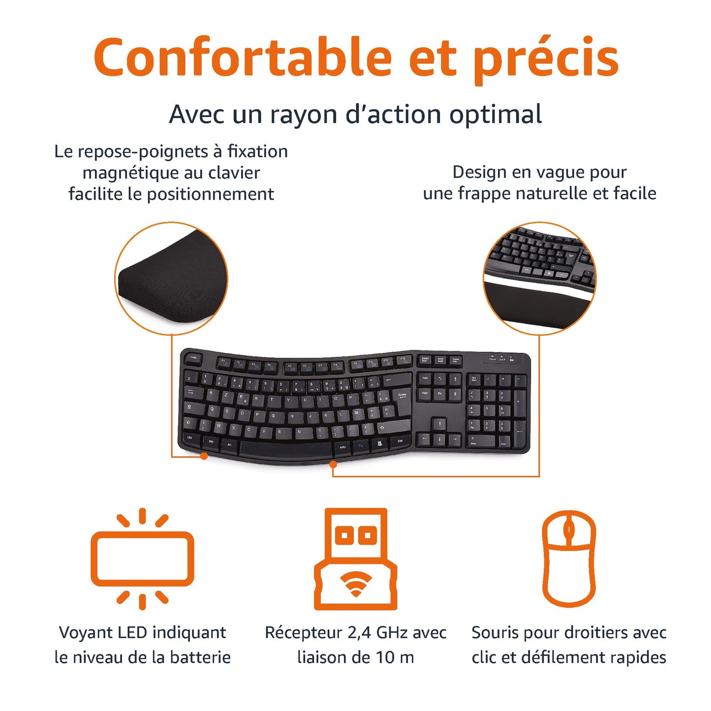 Conjunto ergonómico de teclado y ratón inalámbricos - disposición FR - negro
