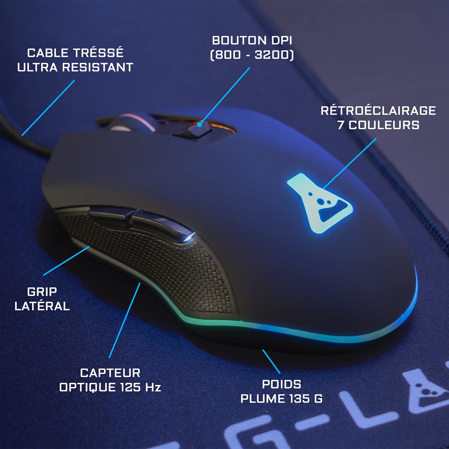 The G-Lab - Helium Combo - Set Gaming 4 en 1 - Teclado Gamer Retroiluminado Azerty, Ratón Gamer 3200 Dpi, Alfombrilla Antideslizante - 6 Teclas Anti-Ghosting - Pack Pc Ps4 Xbox One