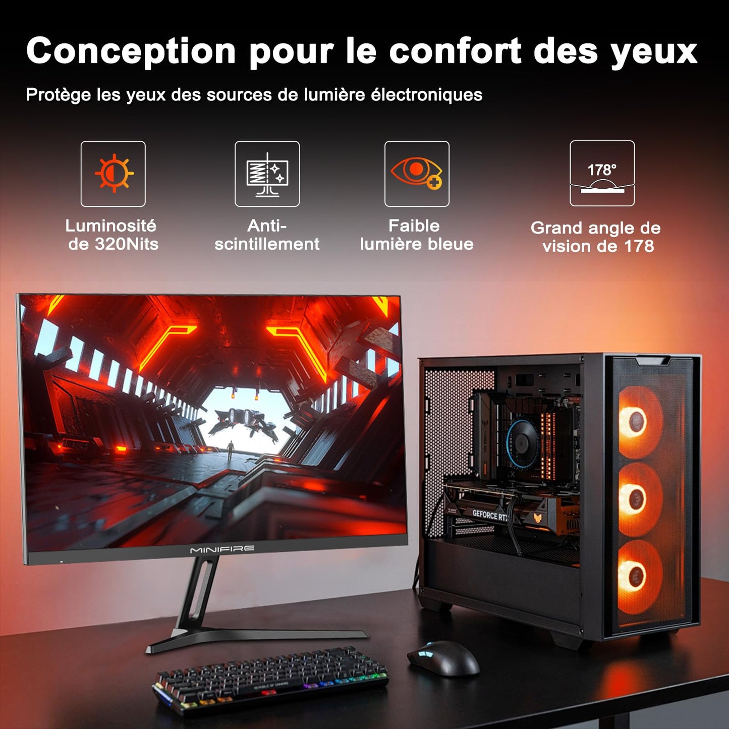 Minifire Écran PC Gaming 22 Pouces FHD (1920 x 1080), IPS, 75Hz, VGA et HDMI