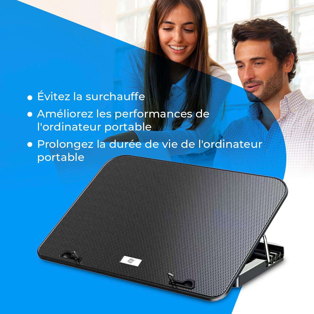 NK Base de Refroidissement Portable – Ventilateur Ordinateur Portable de 12 à 17" avec Support réglable 5 hauteurs, 2 Ventilateurs Silencieux, 2 Ports USB, Refroidissement Rapide, lumière LED Bleue