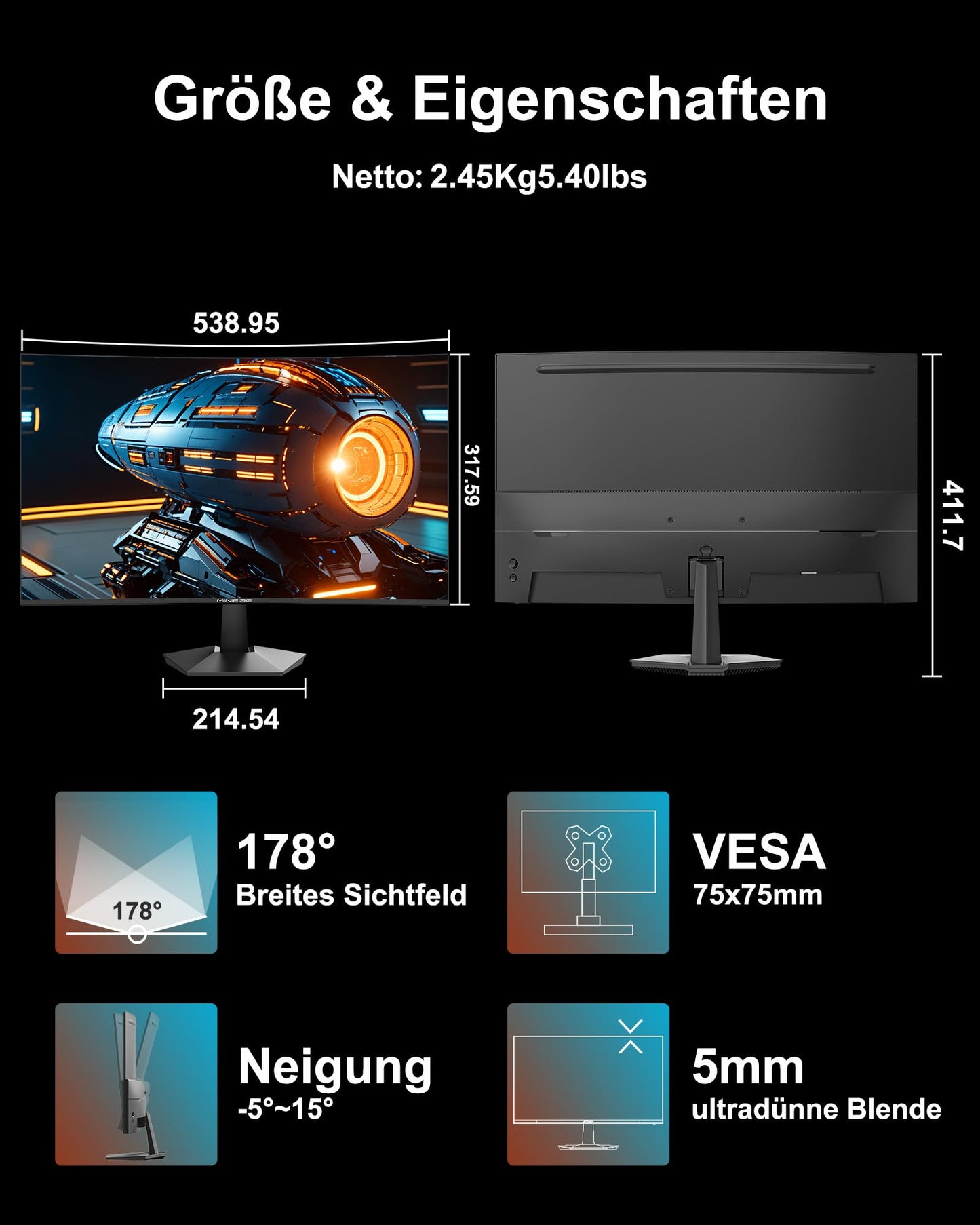 Monitor de PC Minifire de 24 pulgadas y 100 Hz, IPS, pantalla de PC FHD 1080P, altavoces incorporados