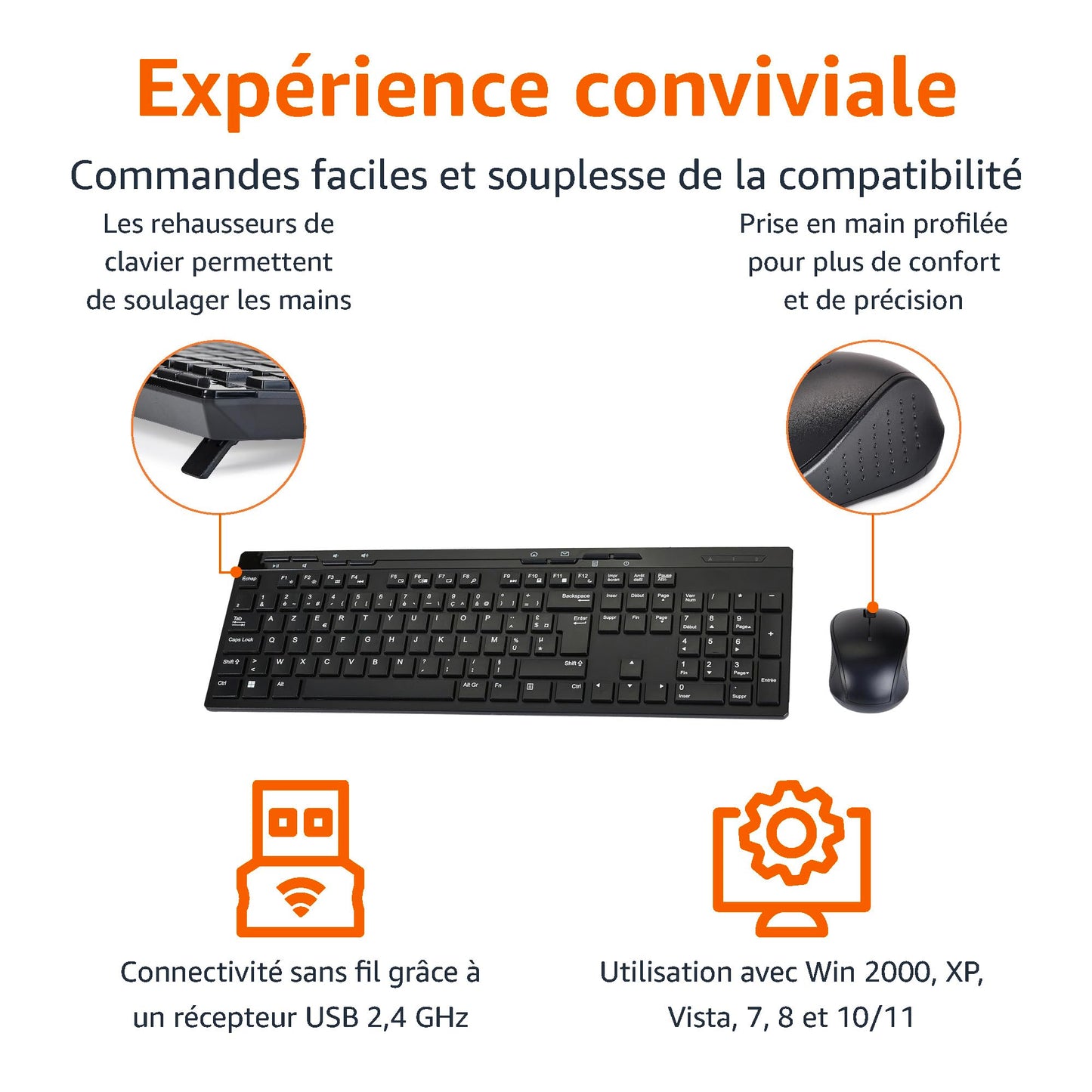 Combinación de teclado y mouse inalámbricos, receptor USB de 2,4 GHz, diseño FR, negro