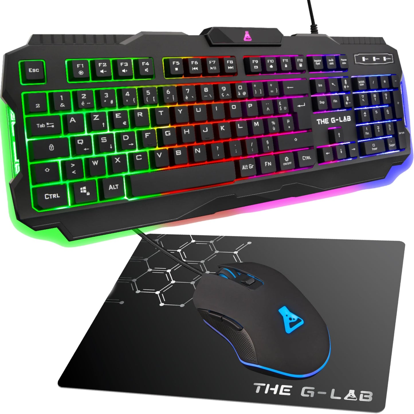 The G-Lab - Helium Combo - Set Gaming 4 en 1 - Teclado Gamer Retroiluminado Azerty, Ratón Gamer 3200 Dpi, Alfombrilla Antideslizante - 6 Teclas Anti-Ghosting - Pack Pc Ps4 Xbox One