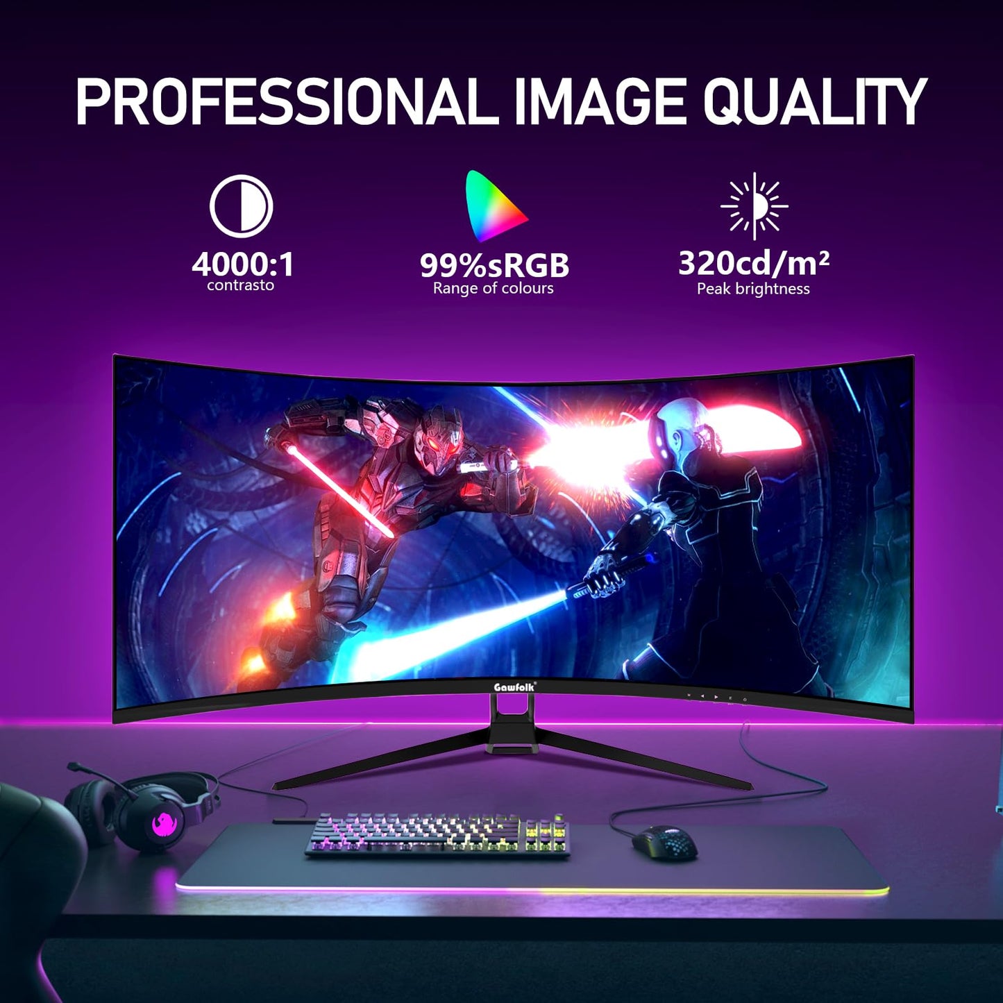 Gawfolk Curved Monitor 32 Pouces 75Hz, 1500R Gaming PC Screen QHD (2560 x 1440p), écran d'ordinateur sans Cadre avec FreeSync et Eye Care Technologie, supporte VESA