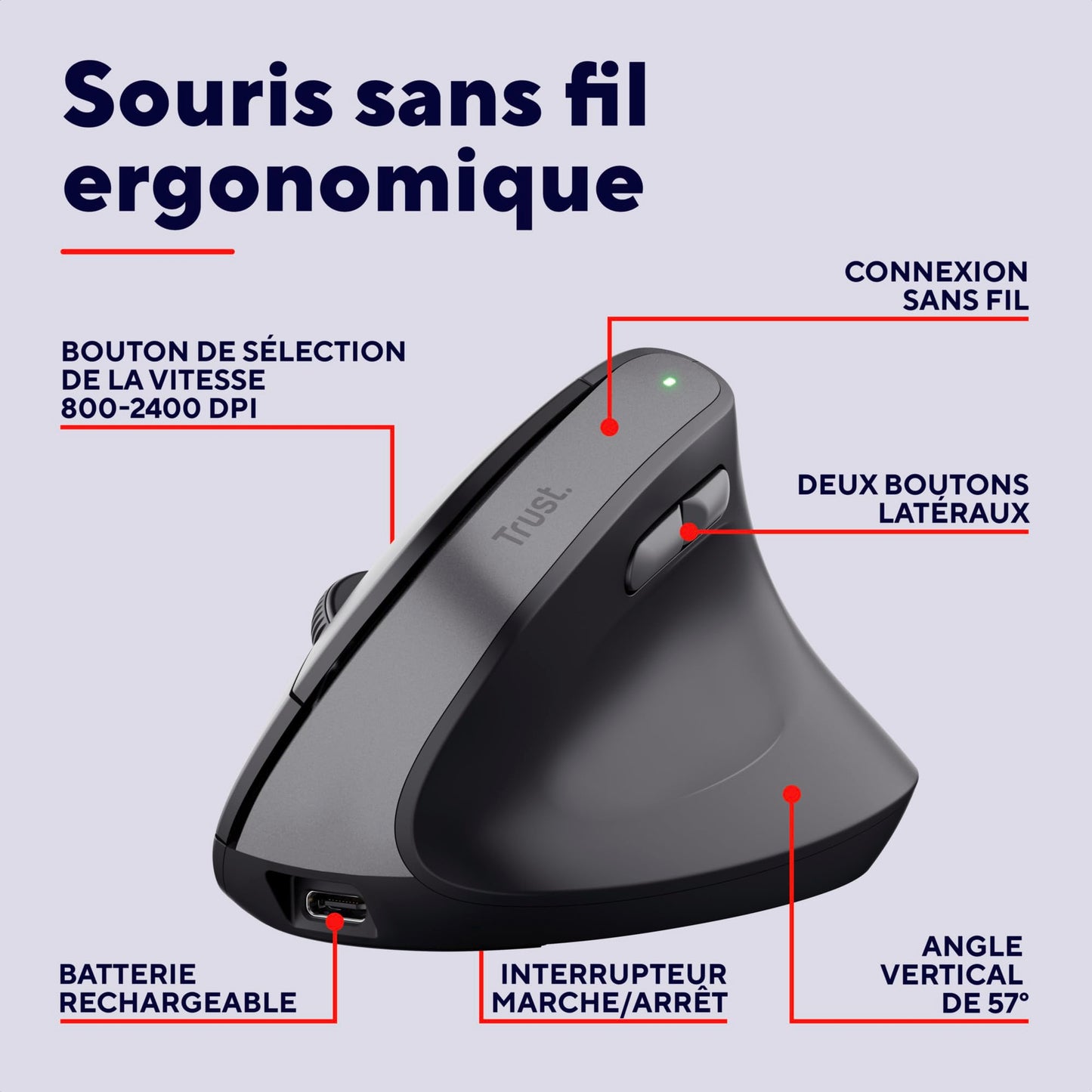 Ratón Inalámbrico, Ratón Vertical Ergonómico, 6 Botones, LED