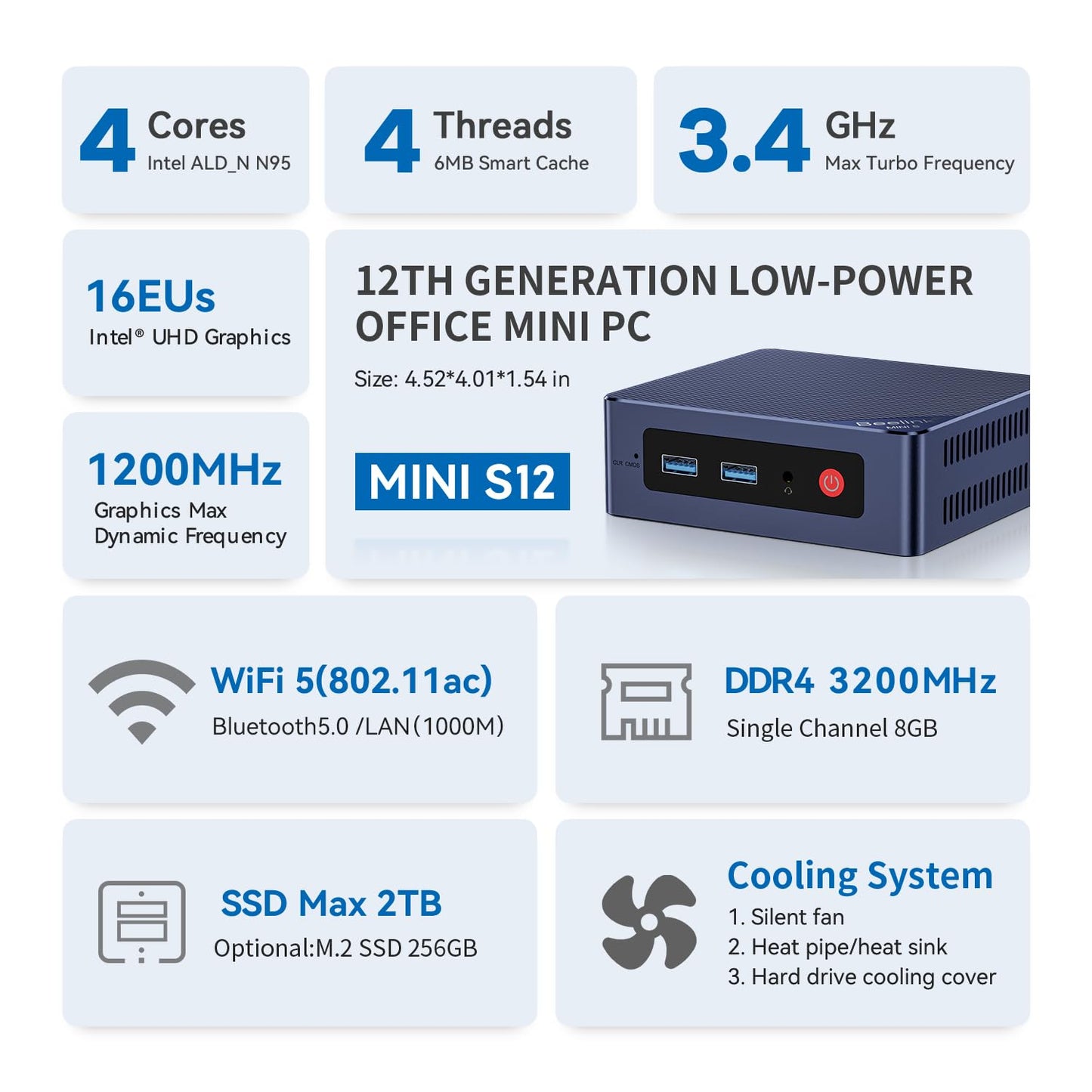 Beelink MINI-S12 Pro, Mini PC con Procesador Intel Alder Lake-N100 (hasta 3,4 GHz), 16 GB de RAM, 500 GB SSD, HDMI/WiFi6/BT 5.2/RJ45/WOL/Auto Boot