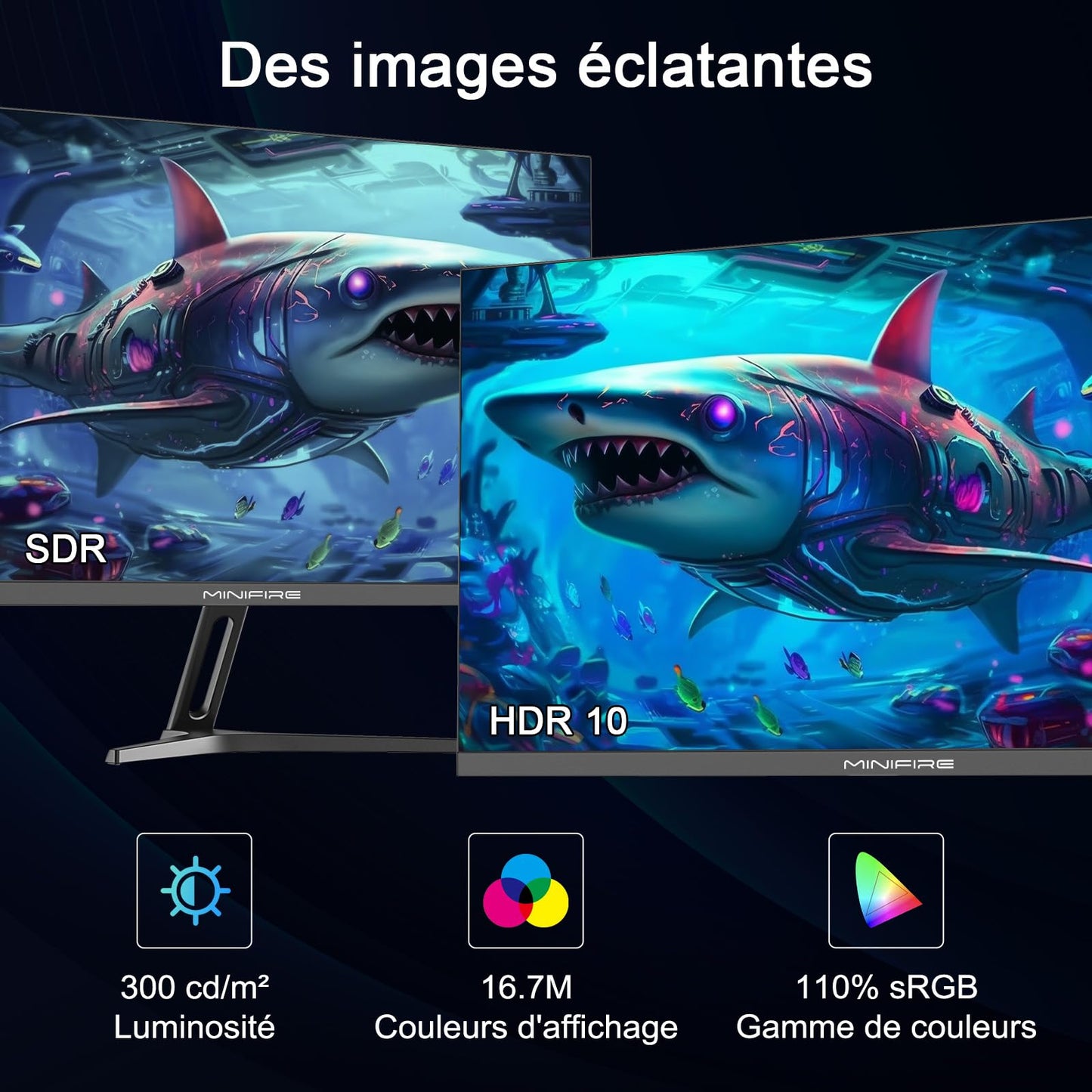 Minifire Écran PC Gaming 22 Pouces FHD (1920 x 1080), IPS, 75Hz, VGA et HDMI