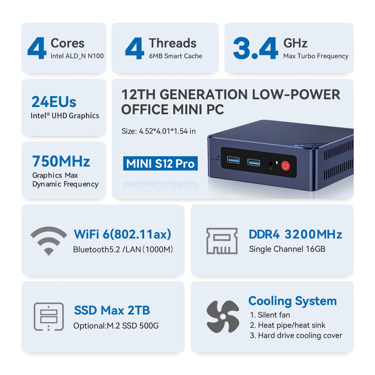 Beelink MINI-S12 Pro, Mini PC con Procesador Intel Alder Lake-N100 (hasta 3,4 GHz), 16 GB de RAM, 500 GB SSD, HDMI/WiFi6/BT 5.2/RJ45/WOL/Auto Boot