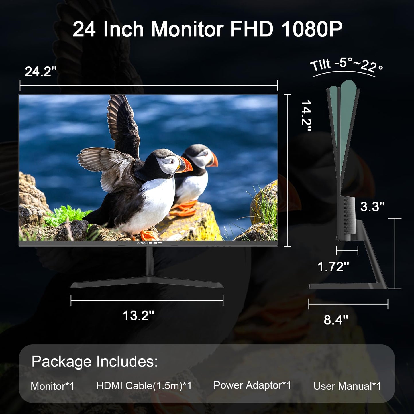 Monitor de PC Minifire de 24 pulgadas y 100 Hz, IPS, pantalla de PC FHD 1080P, altavoces incorporados