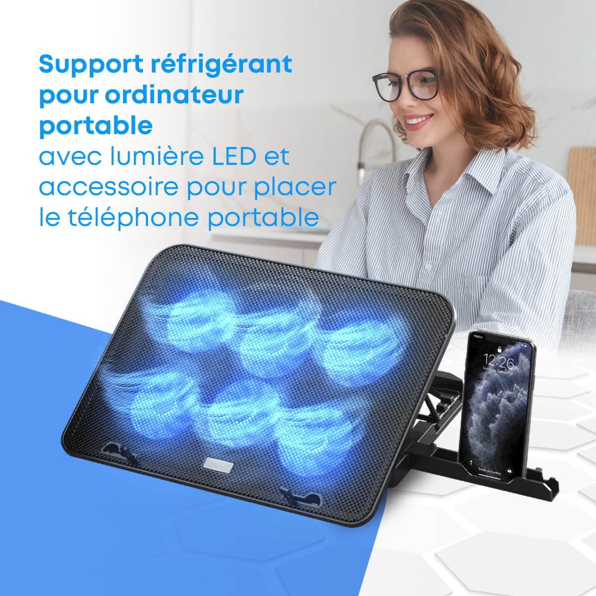 NK Base de Refroidissement Portable – Ventilateur Ordinateur Portable de 12 à 17" avec Support réglable 5 hauteurs, 2 Ventilateurs Silencieux, 2 Ports USB, Refroidissement Rapide, lumière LED Bleue