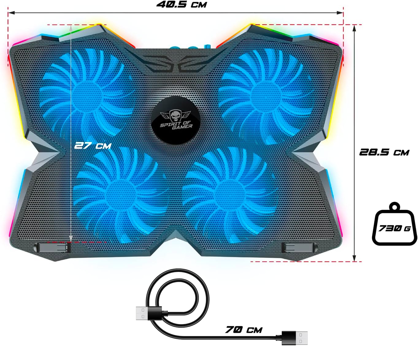 Spirit Of Gamer, 10" to 17" Laptop Cooler, 4 Quiet Fans, Compatible with PS5, PS4, Xbox & PC, RGB Backlit Cooling Pad, Ventilated Laptop Stand