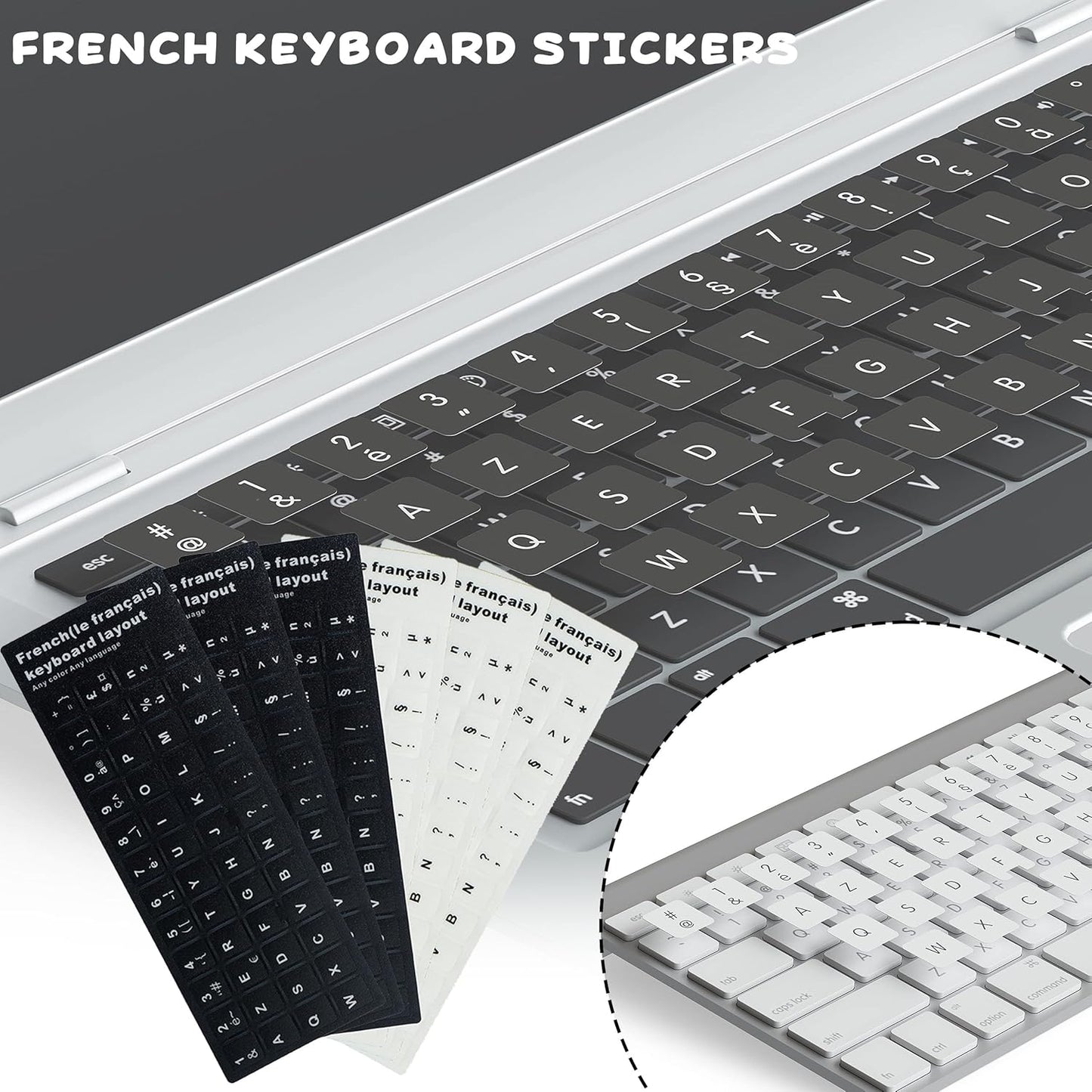 6 pegatinas de PVC para teclado francés Azerty (3 negras y 3 blancas)