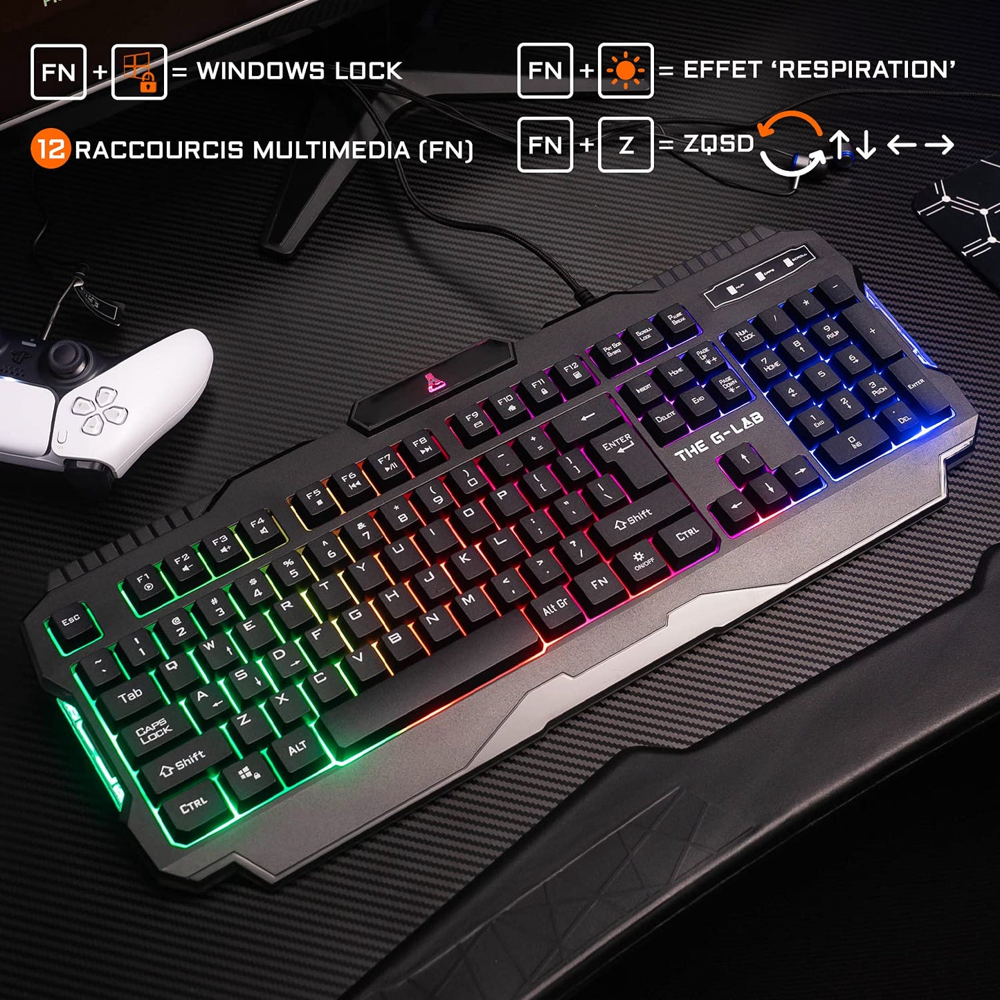 The G-Lab - Helium Combo - Set Gaming 4 en 1 - Teclado Gamer Retroiluminado Azerty, Ratón Gamer 3200 Dpi, Alfombrilla Antideslizante - 6 Teclas Anti-Ghosting - Pack Pc Ps4 Xbox One