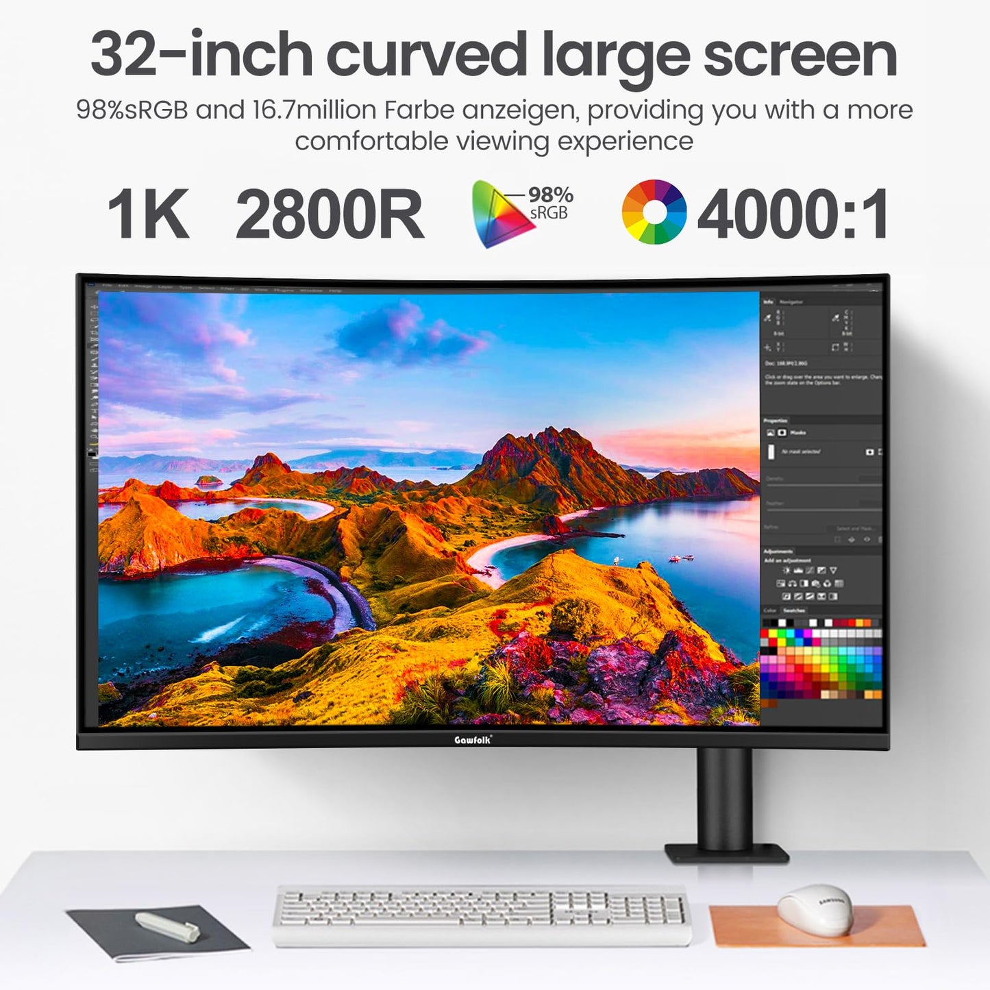 Gawfolk Curved Monitor 32 Pouces 75Hz, 1500R Gaming PC Screen QHD (2560 x 1440p), écran d'ordinateur sans Cadre avec FreeSync et Eye Care Technologie, supporte VESA