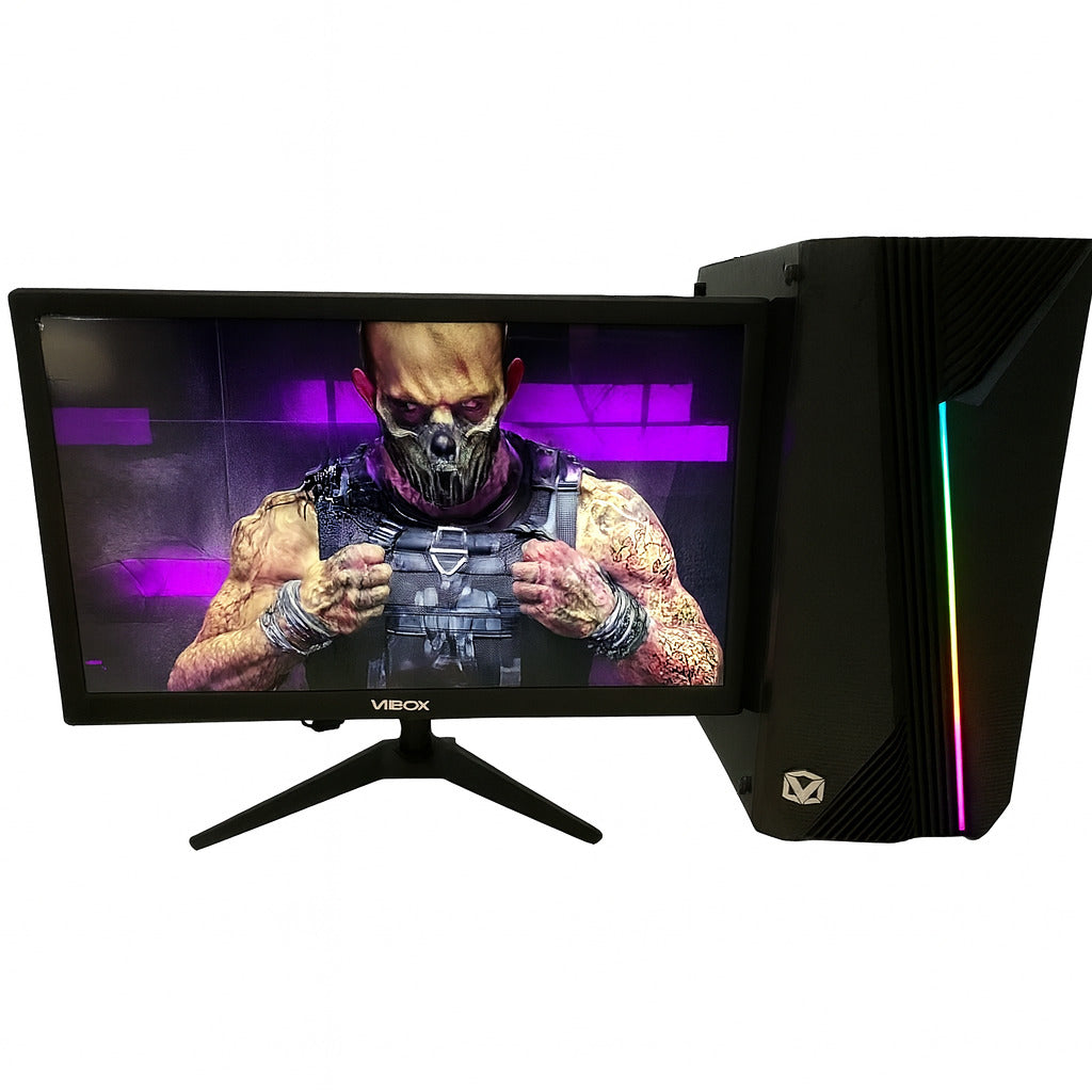 Ordinateur VIBOX I-26 avec tour RGB et écran 22 pouces affichant un fond gaming violet