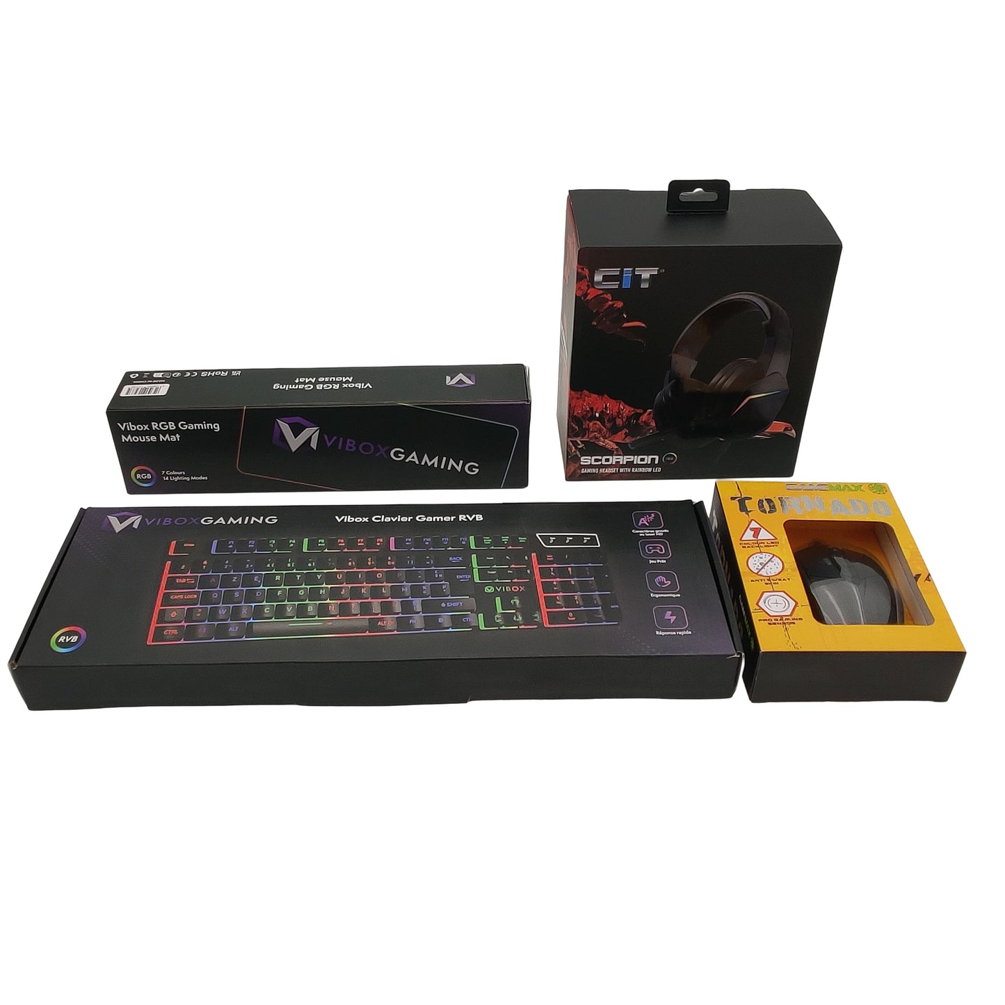 Accessoires inclus du PC gamer VIBOX I-26 : clavier RVB, souris Tornado, tapis de souris et casque Scorpion