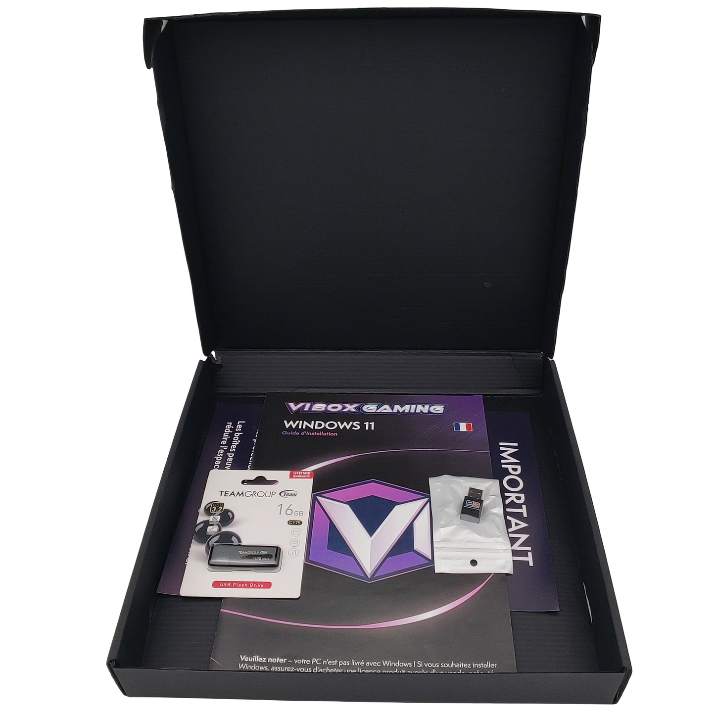 Contenu du pack Vibox Gaming avec clé USB Windows 11 et guide de démarrage