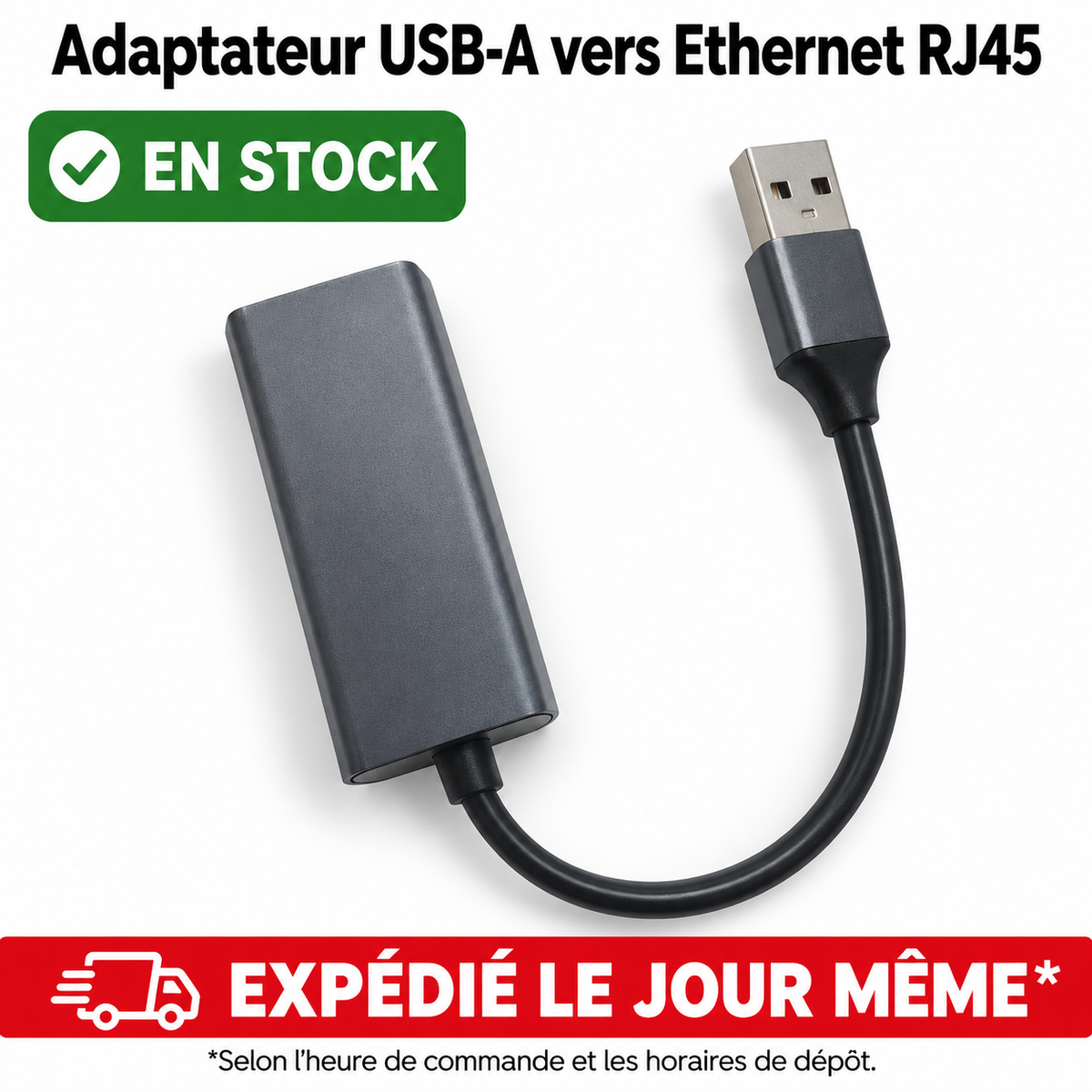 Adaptateur USB-A vers Ethernet RJ45 gris – en stock – expédition le jour même selon l’heure de commande et les horaires de dépôt