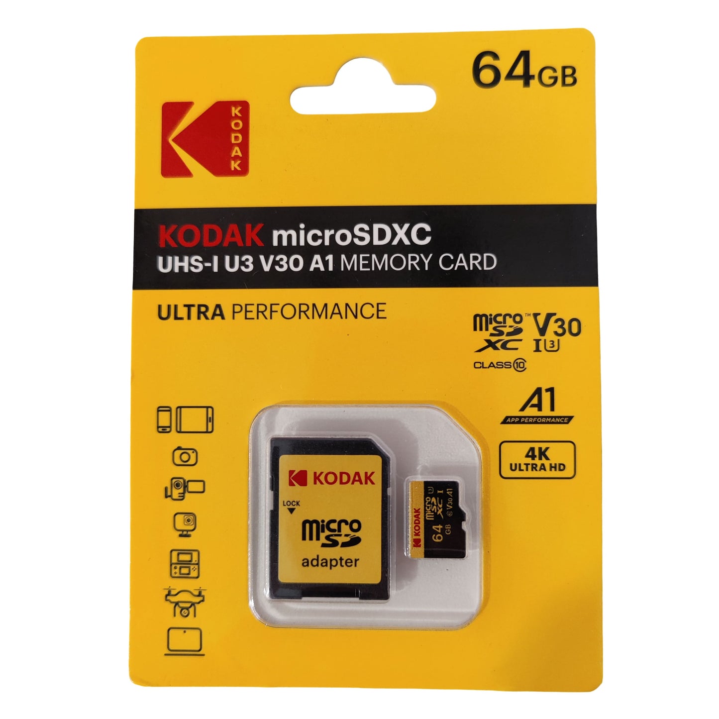 Carte microSD Kodak Ultra Performance 64 Go avec adaptateur SD