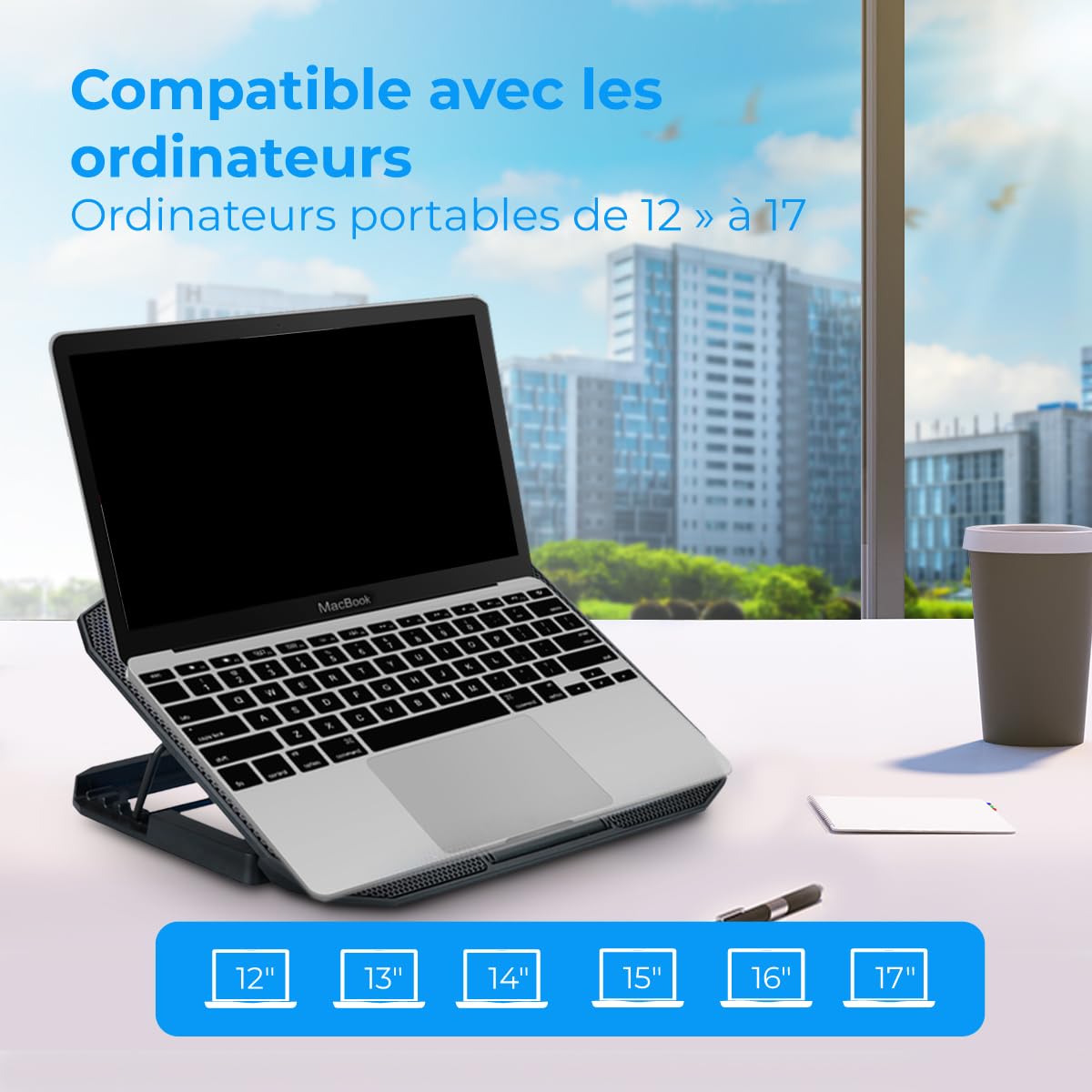 NK Base de Refroidissement Portable – Ventilateur Ordinateur Portable de 12 à 17" avec Support réglable 5 hauteurs, 2 Ventilateurs Silencieux, 2 Ports USB, Refroidissement Rapide, lumière LED Bleue