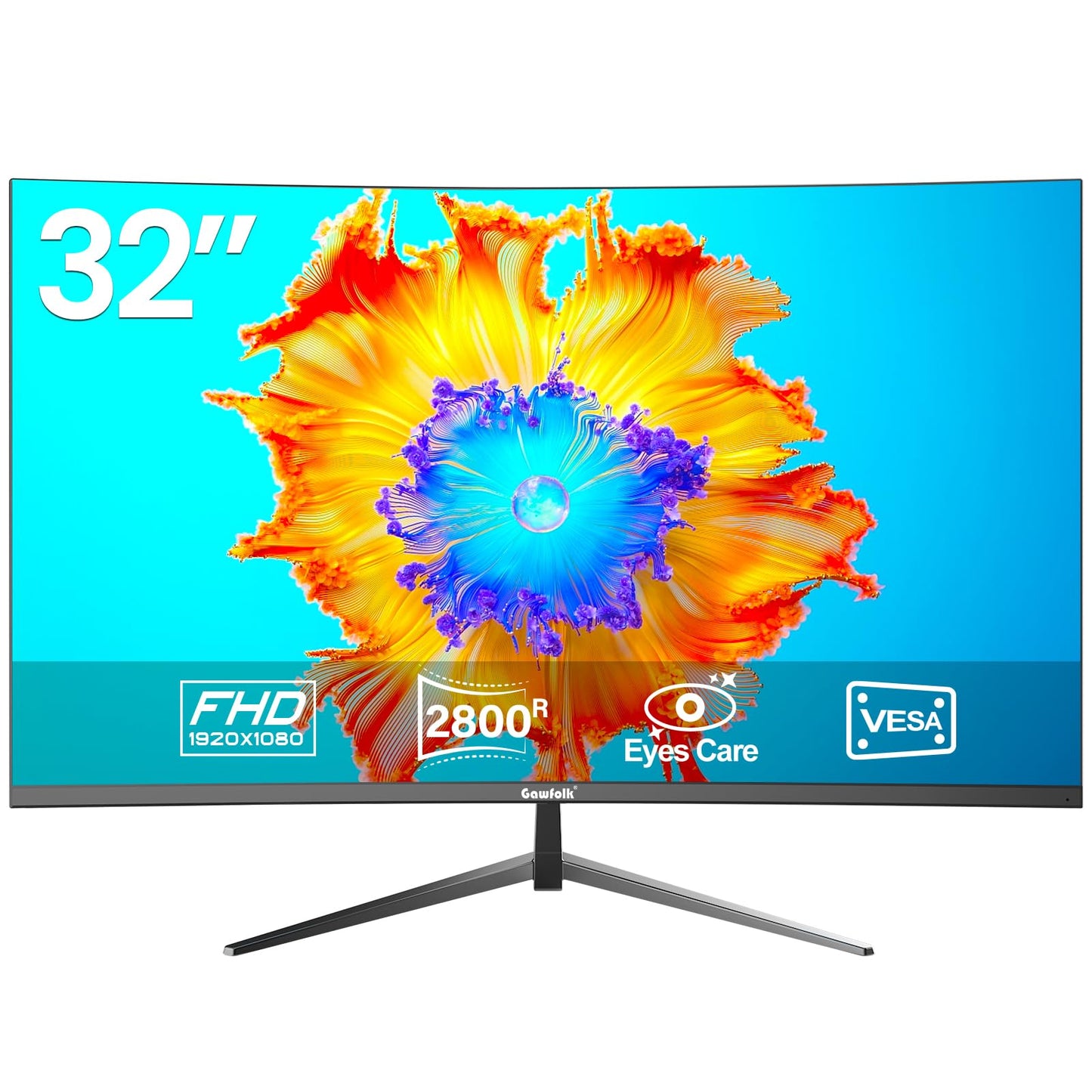 Gawfolk Curved Monitor 32 Inch 75Hz, 1500R Gaming PC Screen QHD (2560 x 1440p), Frameless Computer Monitor with FreeSync and Eye Care Technology, VESA Support 