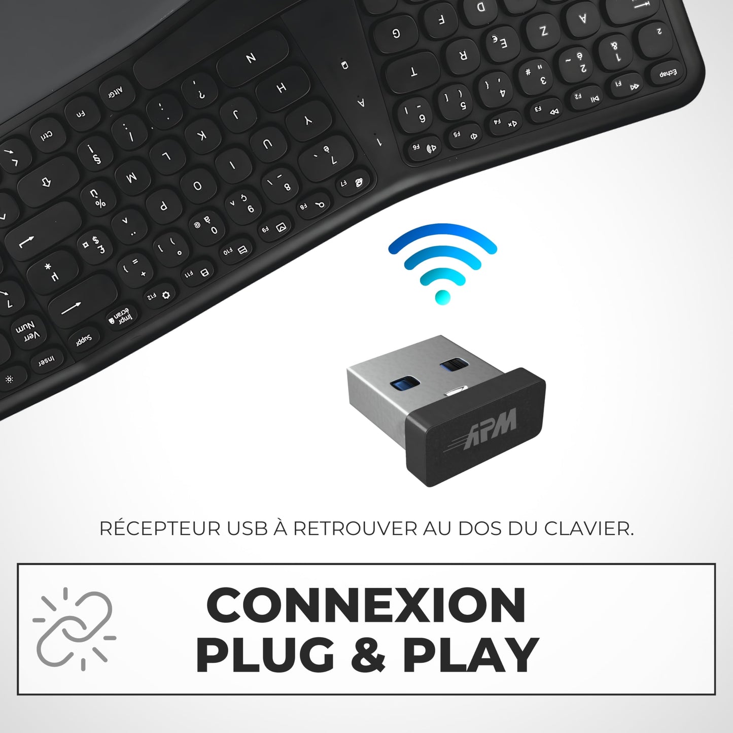 APM Clavier Ergonomique sans-Fil, Récepteur 2.4 GHz, Repose Poignet intégr