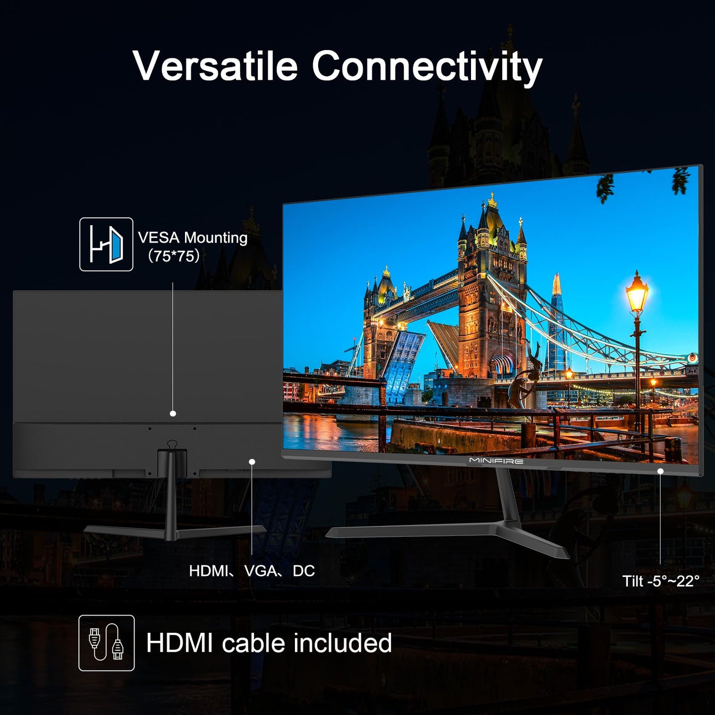 Monitor para juegos de PC Minifire de 22 pulgadas FHD (1920 x 1080), IPS, 75 Hz, VGA y HDMI