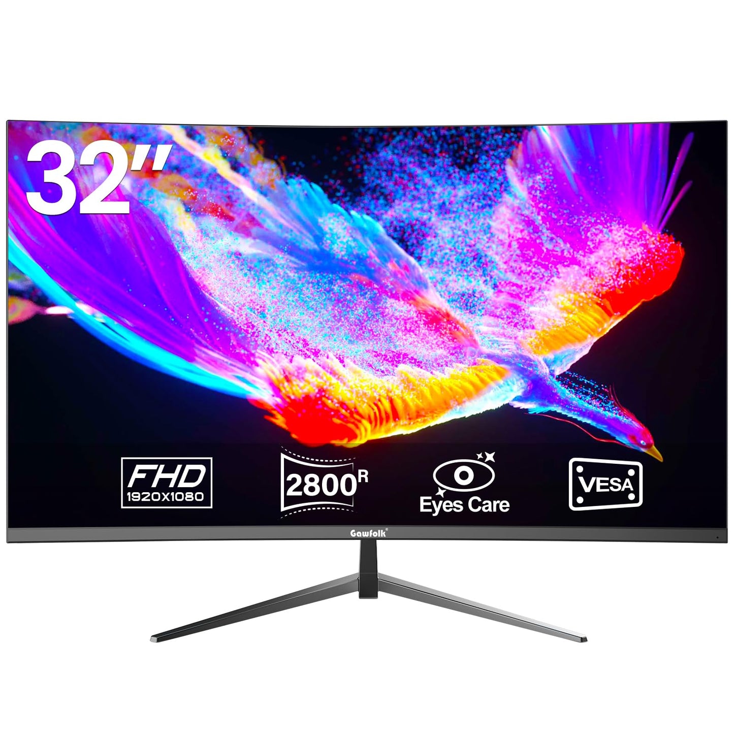 Gawfolk Curved Monitor 32 Inch 75Hz, 1500R Gaming PC Screen QHD (2560 x 1440p), Frameless Computer Monitor with FreeSync and Eye Care Technology, VESA Support 