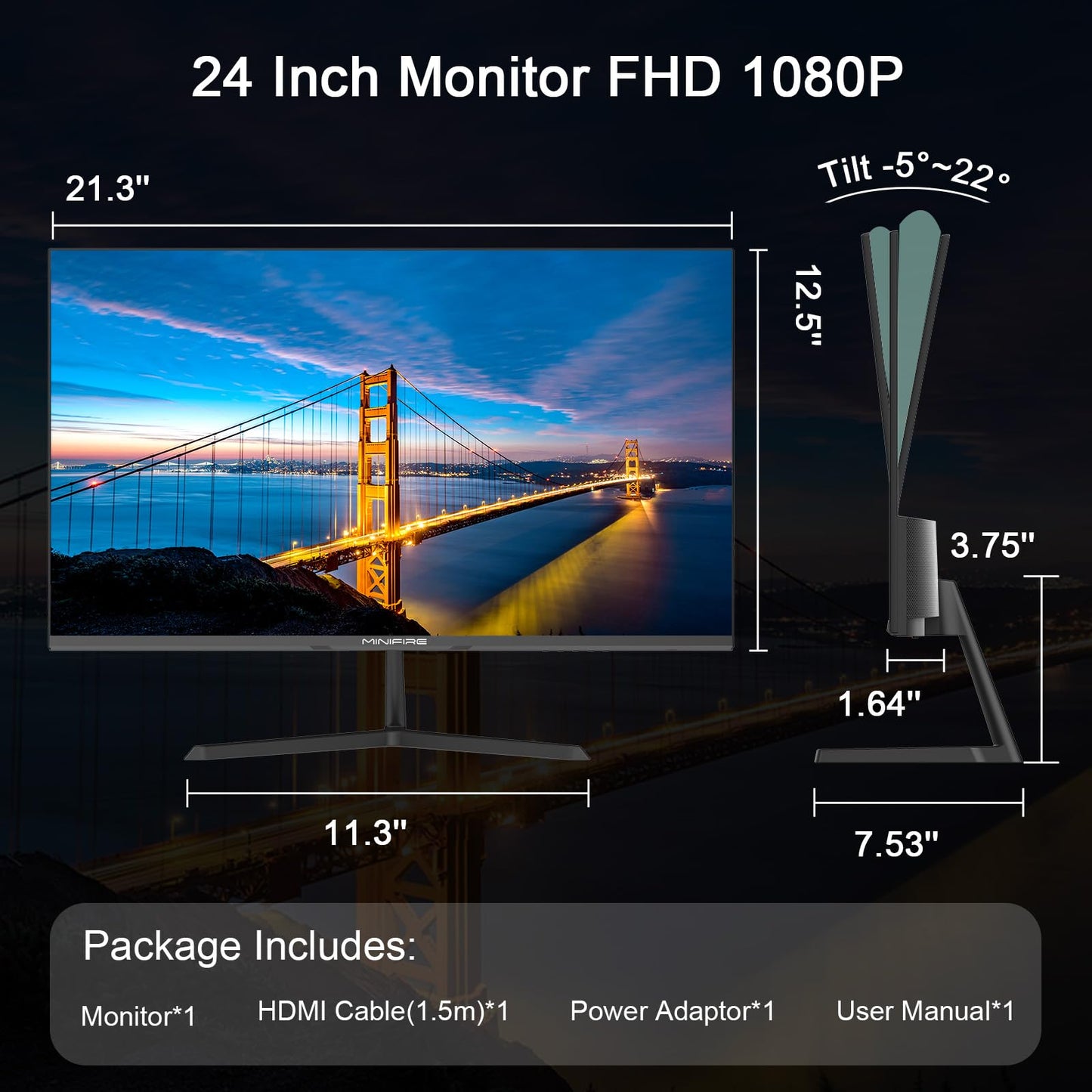 Monitor para juegos de PC Minifire de 22 pulgadas FHD (1920 x 1080), IPS, 75 Hz, VGA y HDMI